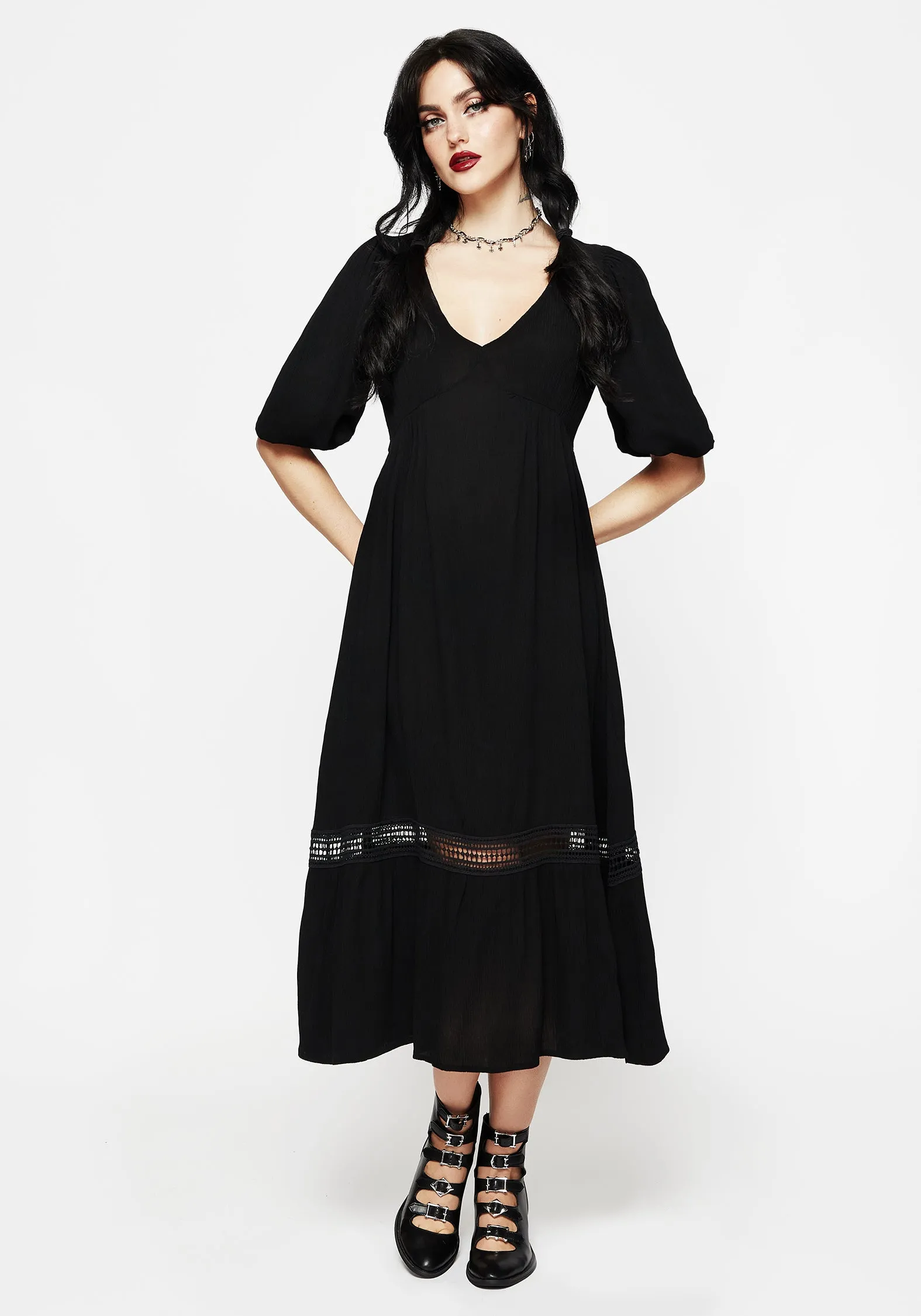 Hot Now Mirage Lace Insert Puff Sleeve Maxi Dress
