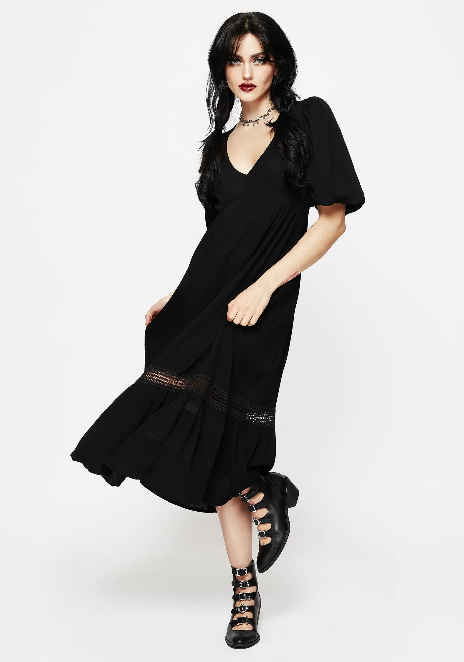 Mirage Lace Insert Puff Sleeve Maxi Dress Natural Flow Seasonal Fit
