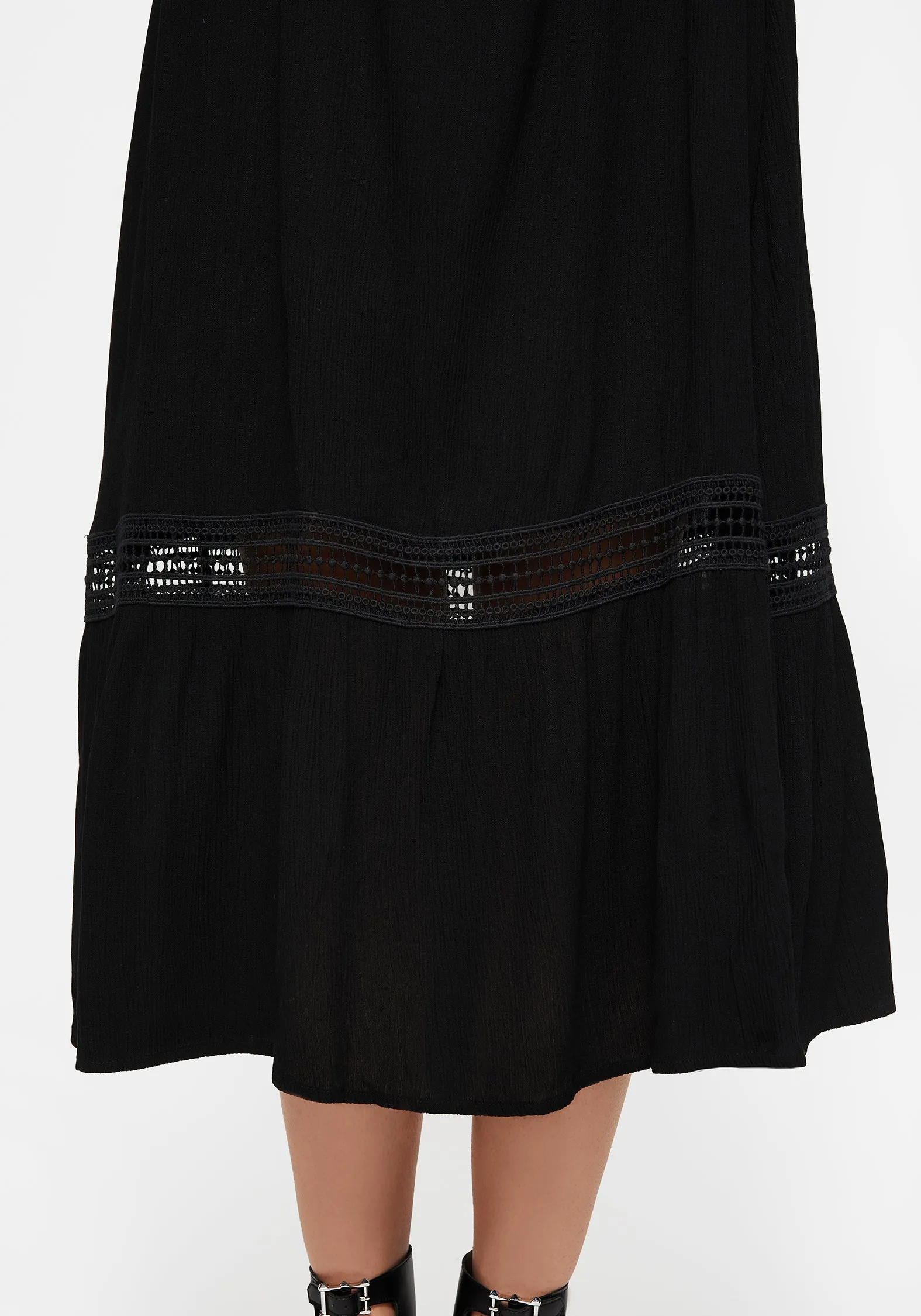 Mirage Lace Insert Puff Sleeve Maxi Dress Easy Pretty Waist Seam