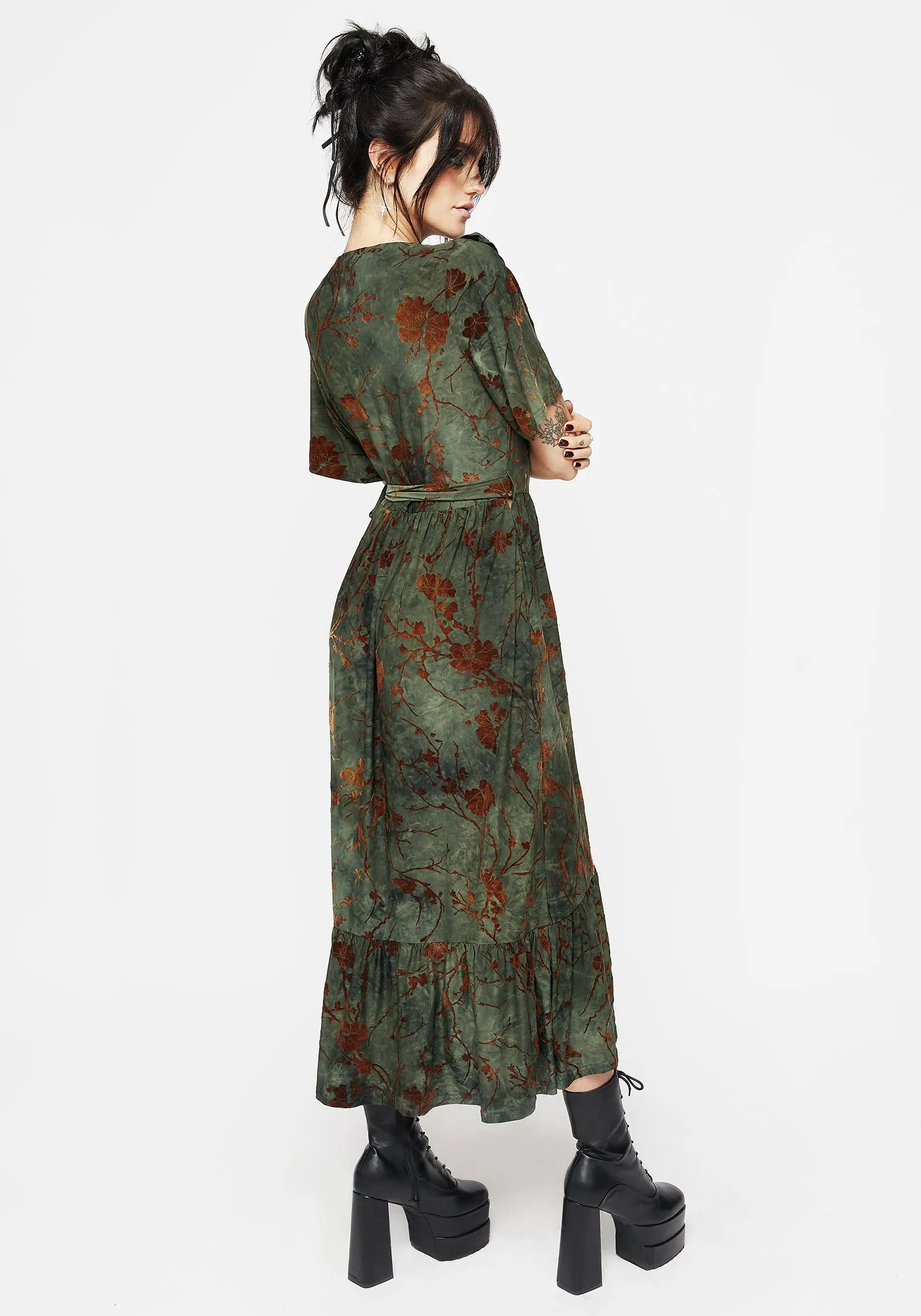 Witchfire Ruffle Midaxi Wrap Dress Glossy Fabric
