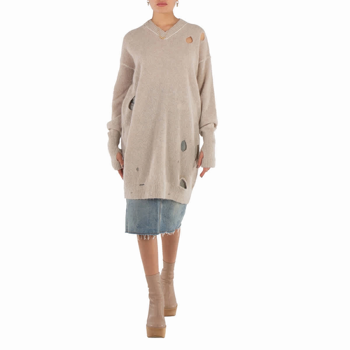 Fast Drying MM6 Ladies Beige Distressed-Effect Knitted Jumper
