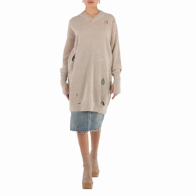 Comfortable Wear Flexible Collar Opening MM6 Ladies Beige Distressed-Effect Knitted Jumper