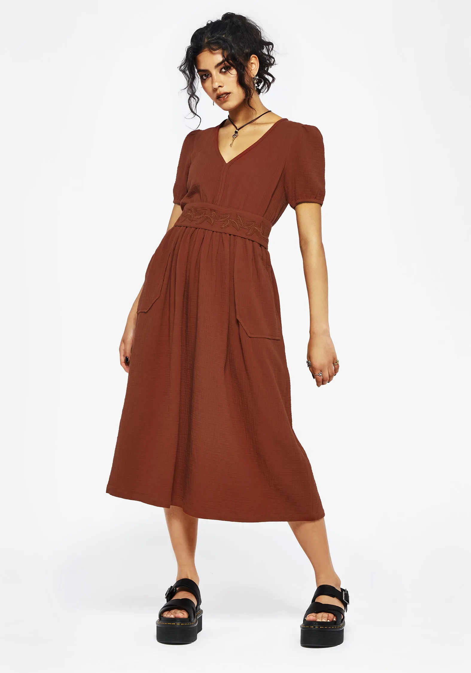 High-Fashion Tiana Cotton Applique Trim Midi Dress