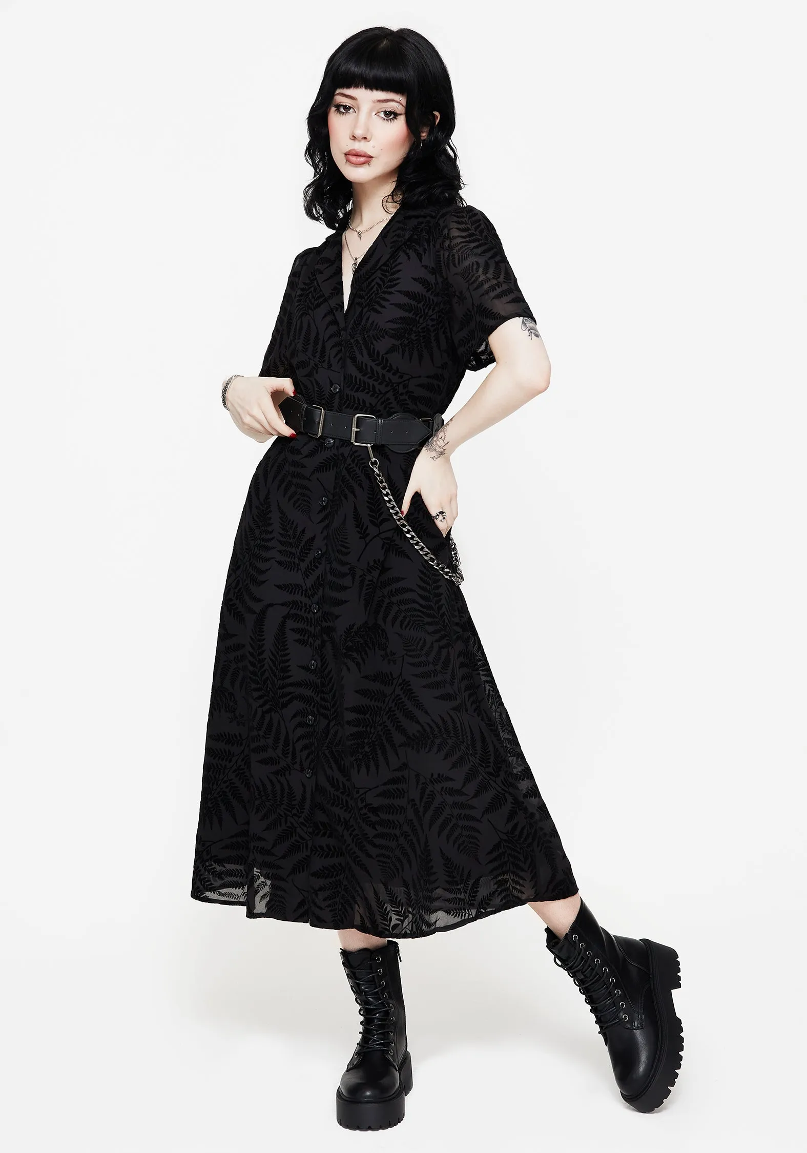 Summer Fashion Effortless Layer Wear Lunafern Fern Printed Belted Midi Shirt Dress