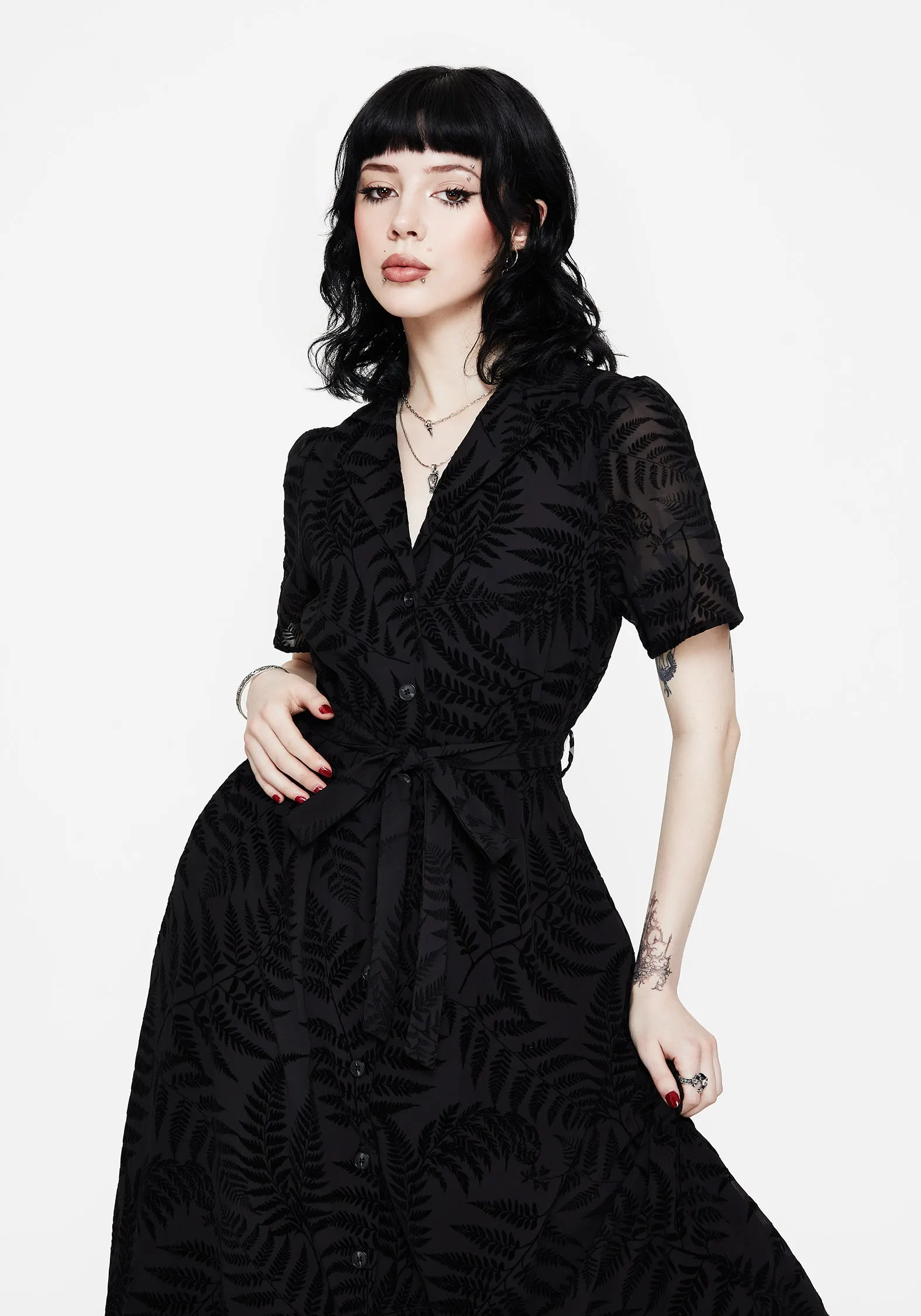 Seamless-Look Natural Wrap Lunafern Fern Printed Belted Midi Shirt Dress