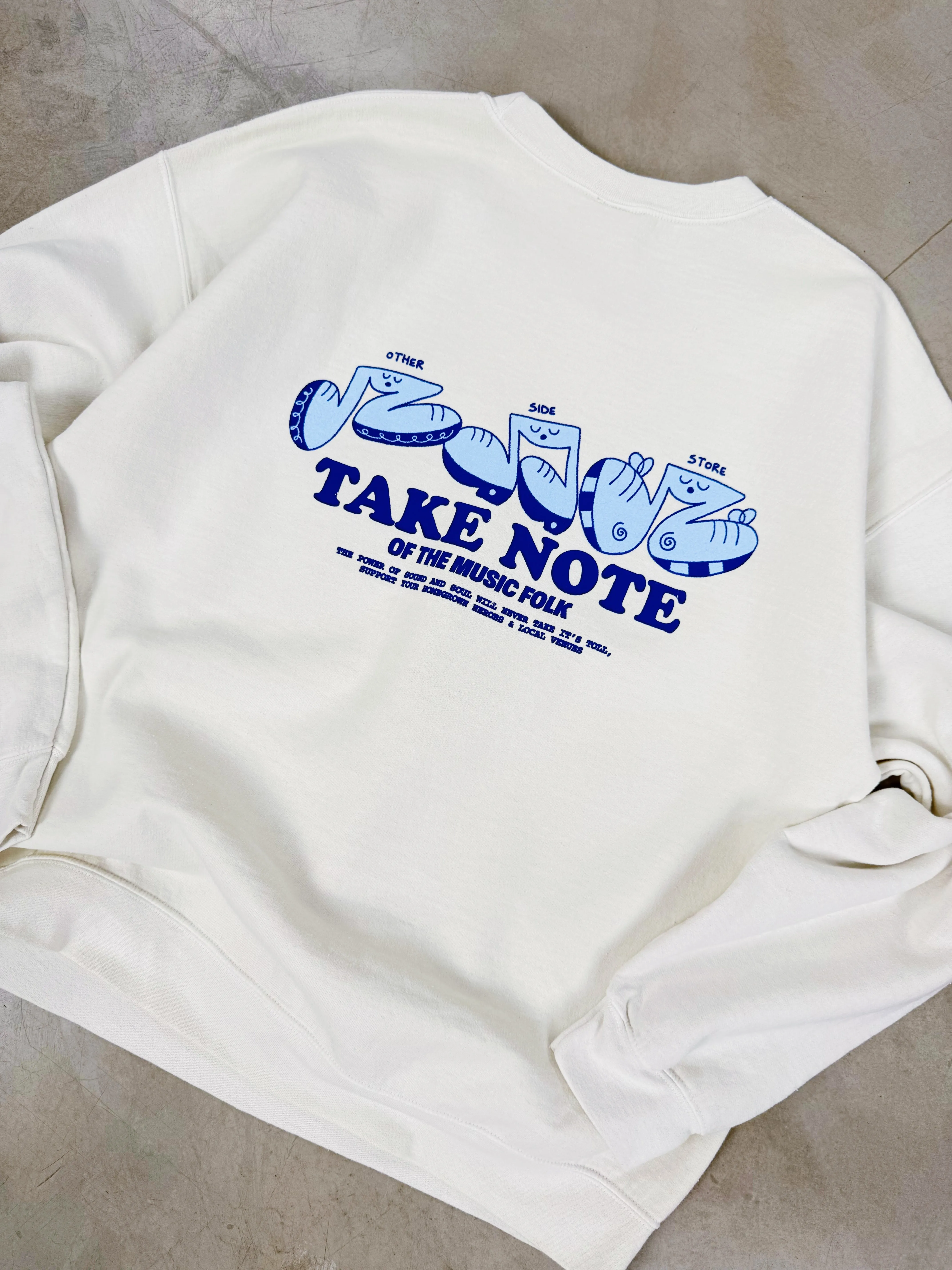 Other Side Store 'Take Note' Sweater - Vintage Washed Ecru Ventilated Underarm Design Flexible Fabric