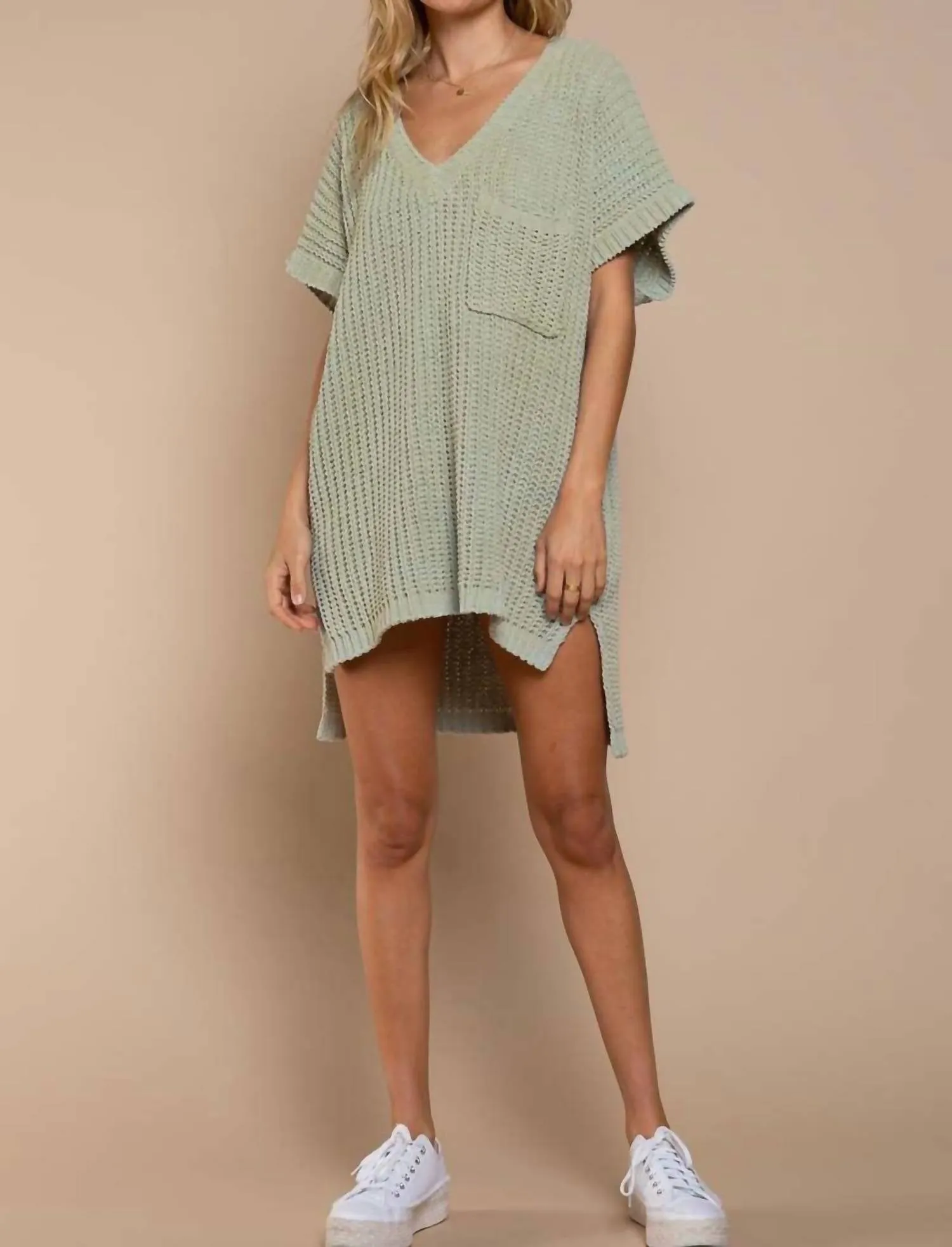Fast Drying High-Low Short Sleeve Chenille Sweater In Sage