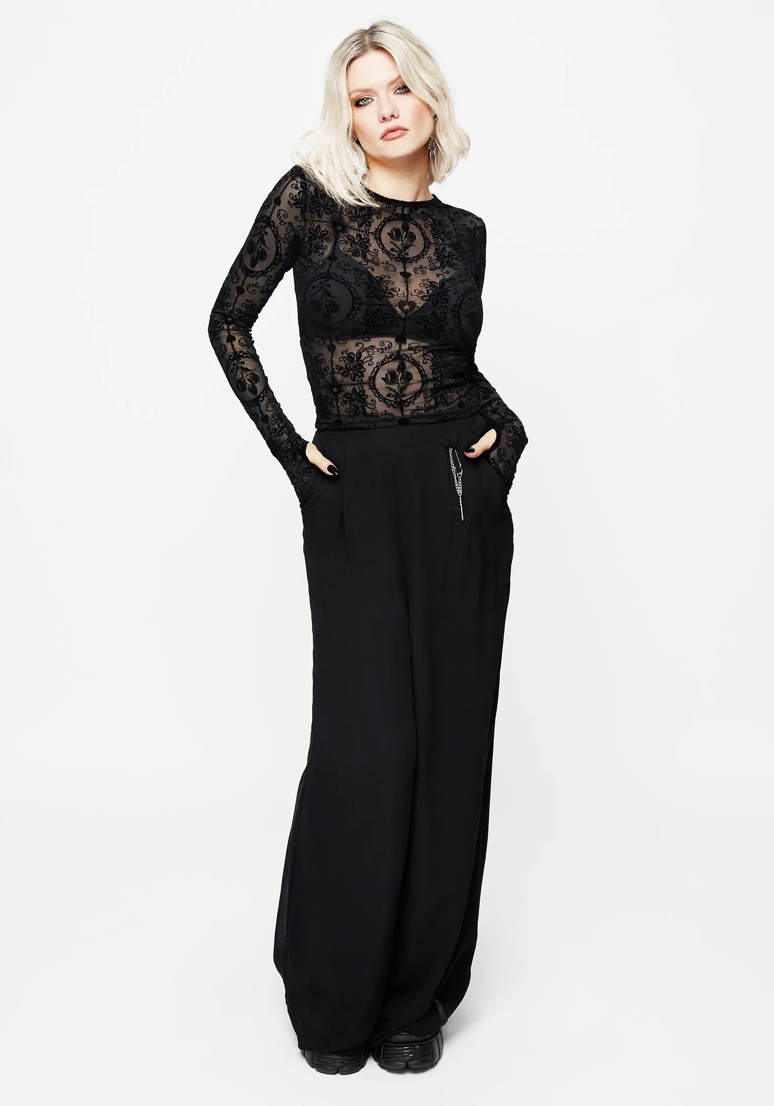 Party situation Soap Cameo Floral Flocked Mesh Long Sleeve Top