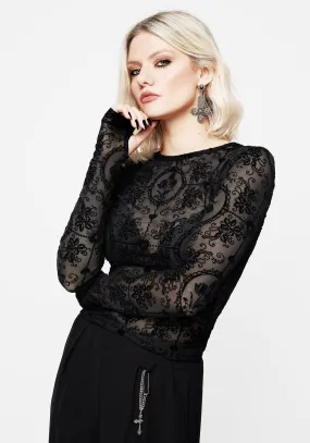 Cameo Floral Flocked Mesh Long Sleeve Top Spice Ornament
