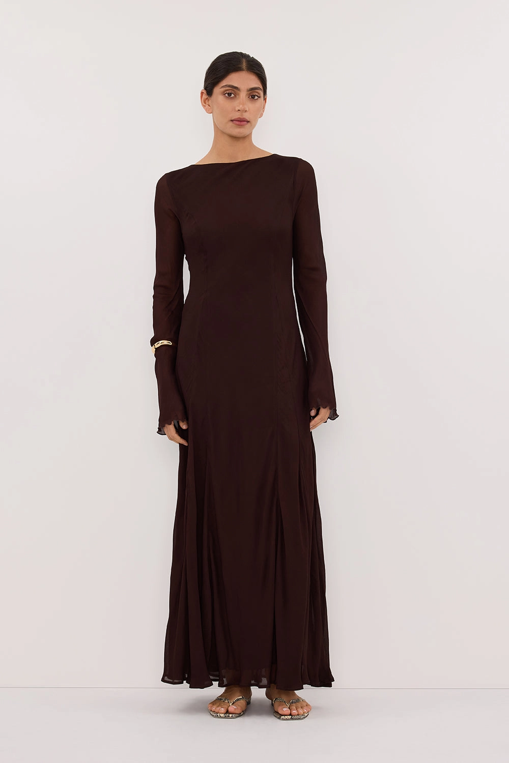 ELODIE DARK CHOC LONG SLEEVE MAXI DRESS Hook-And-Eye