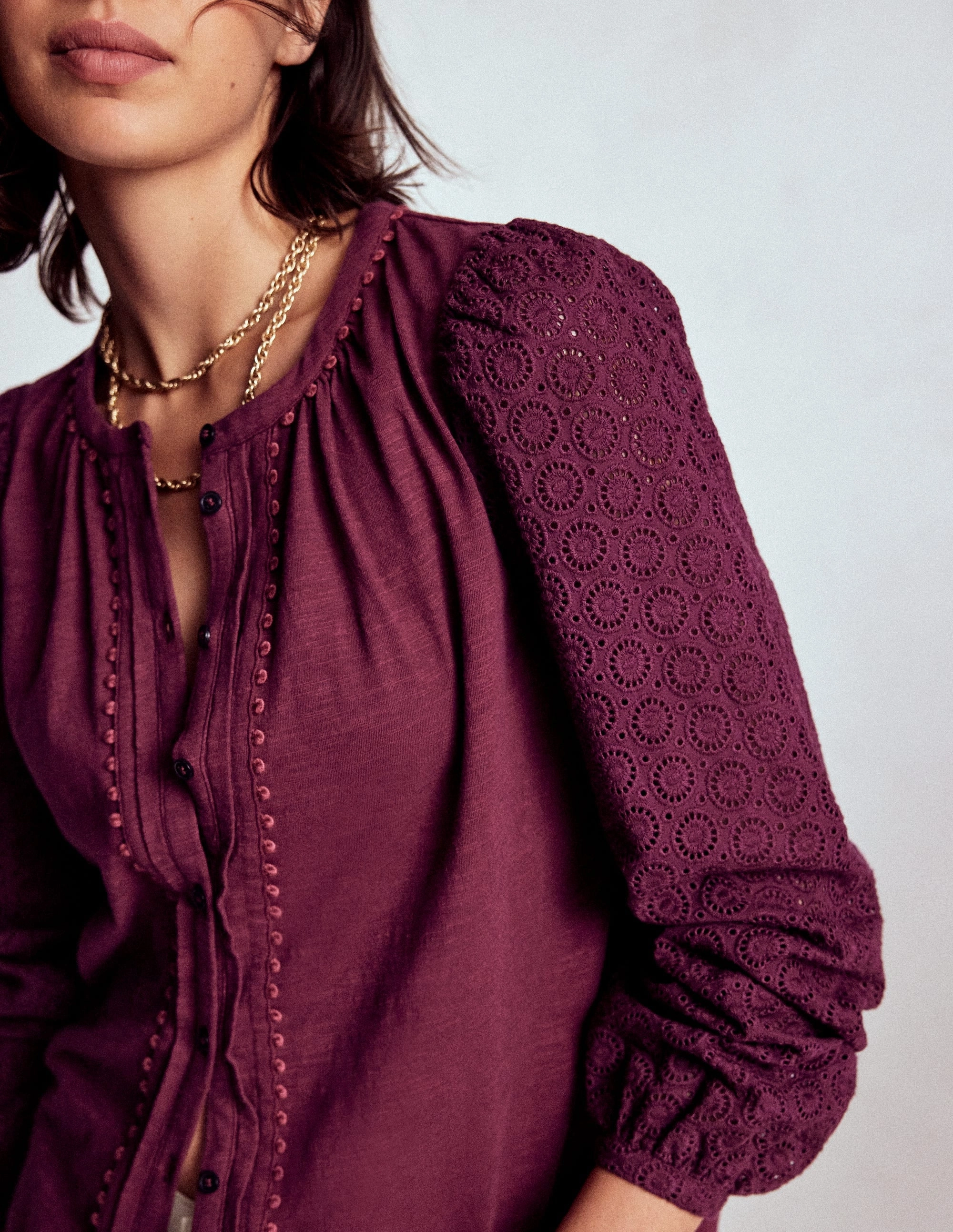 Modular Attachment System Eden Broderie Jersey Shirt-Deep Wisteria LayeredPanel Elegant Blouse