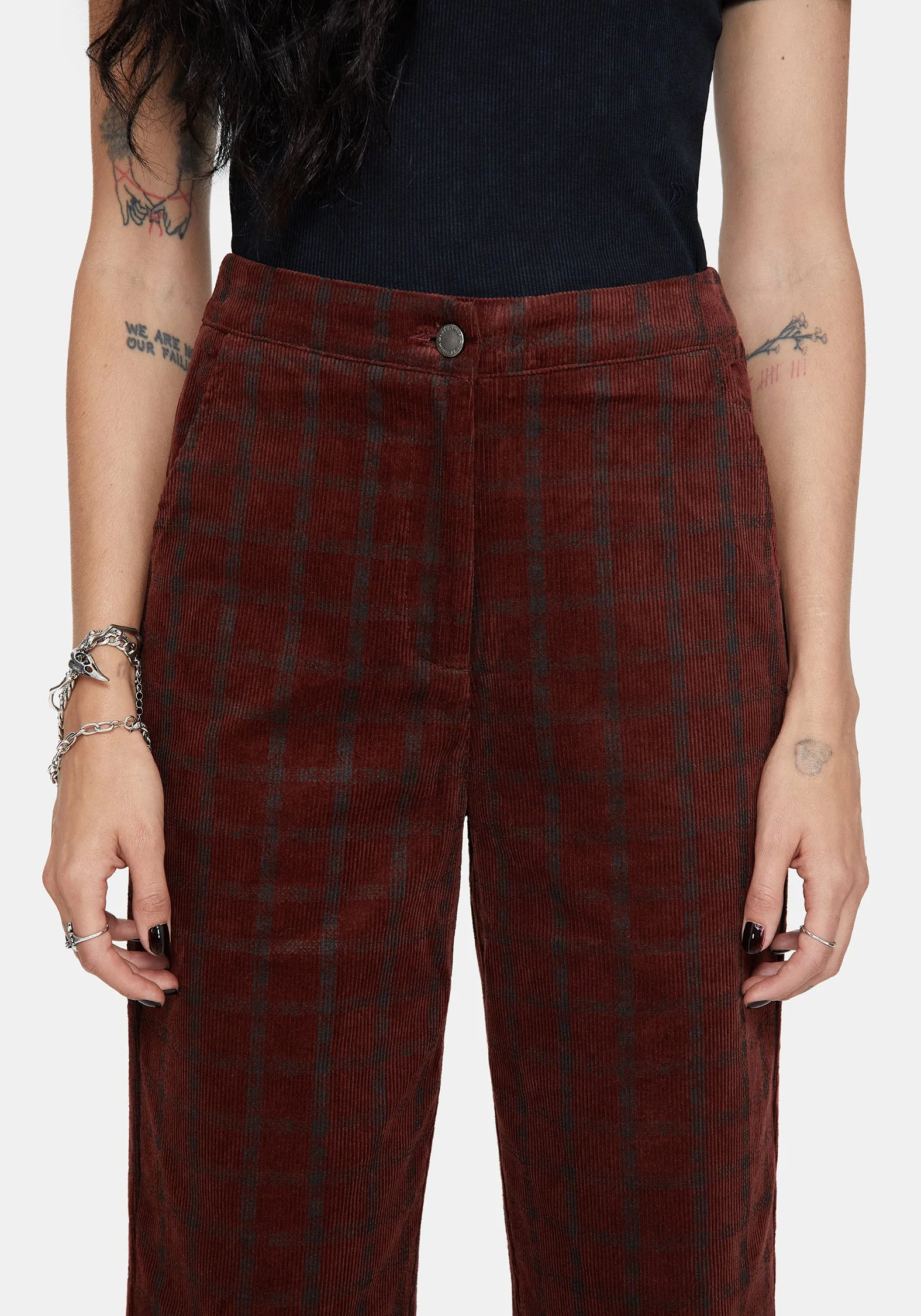 Durable Seam Construction Terracotta Cotton Cord Check Straight Leg Crop Trousers
