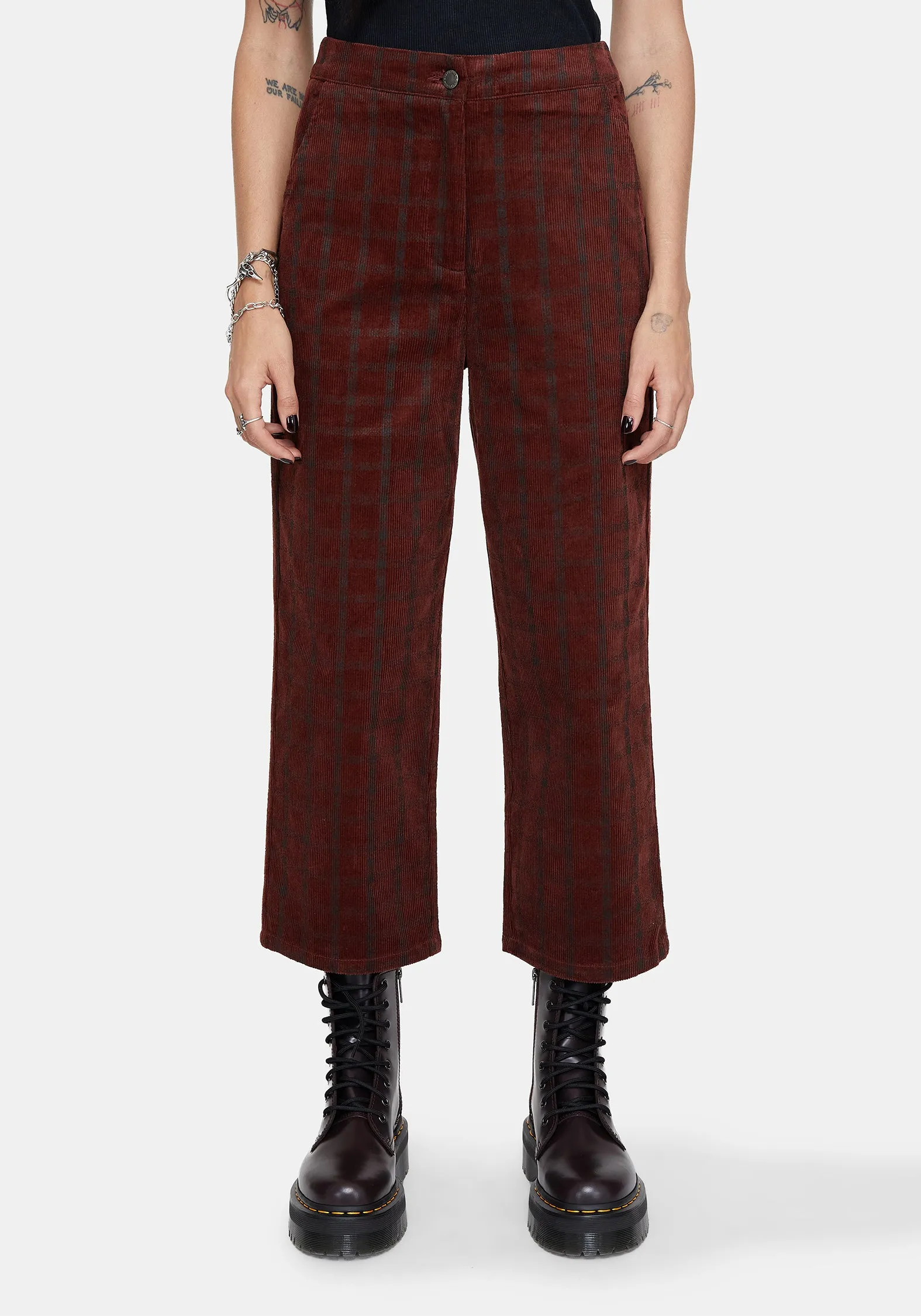 Terracotta Cotton Cord Check Straight Leg Crop Trousers Stretchy Material Tough Wear