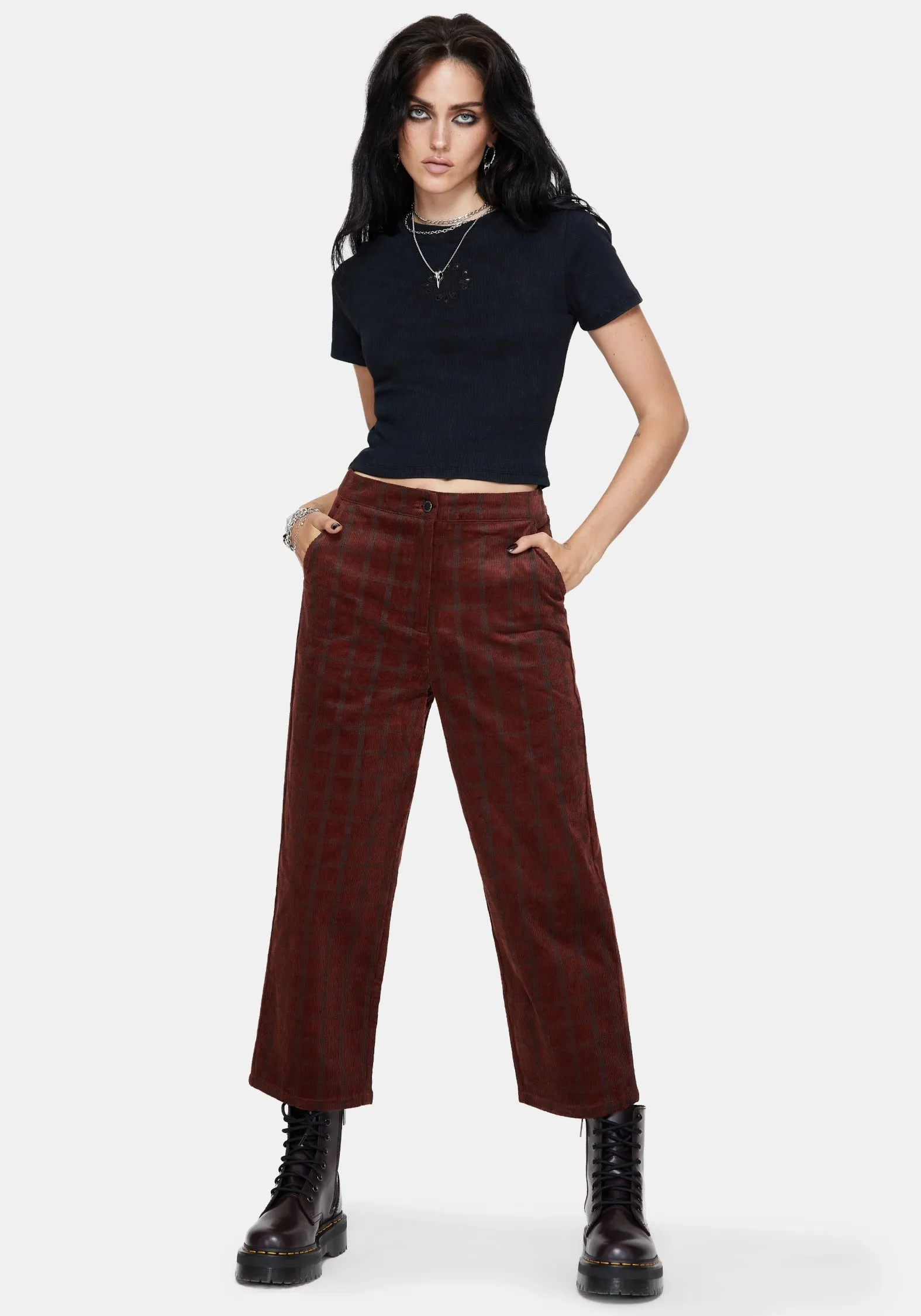 Terracotta Cotton Cord Check Straight Leg Crop Trousers premium fabric Flowy legs