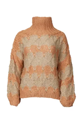 Open-Knit Chunky Turtleneck Sweater In Beige Papaya Stripe Timeless Style