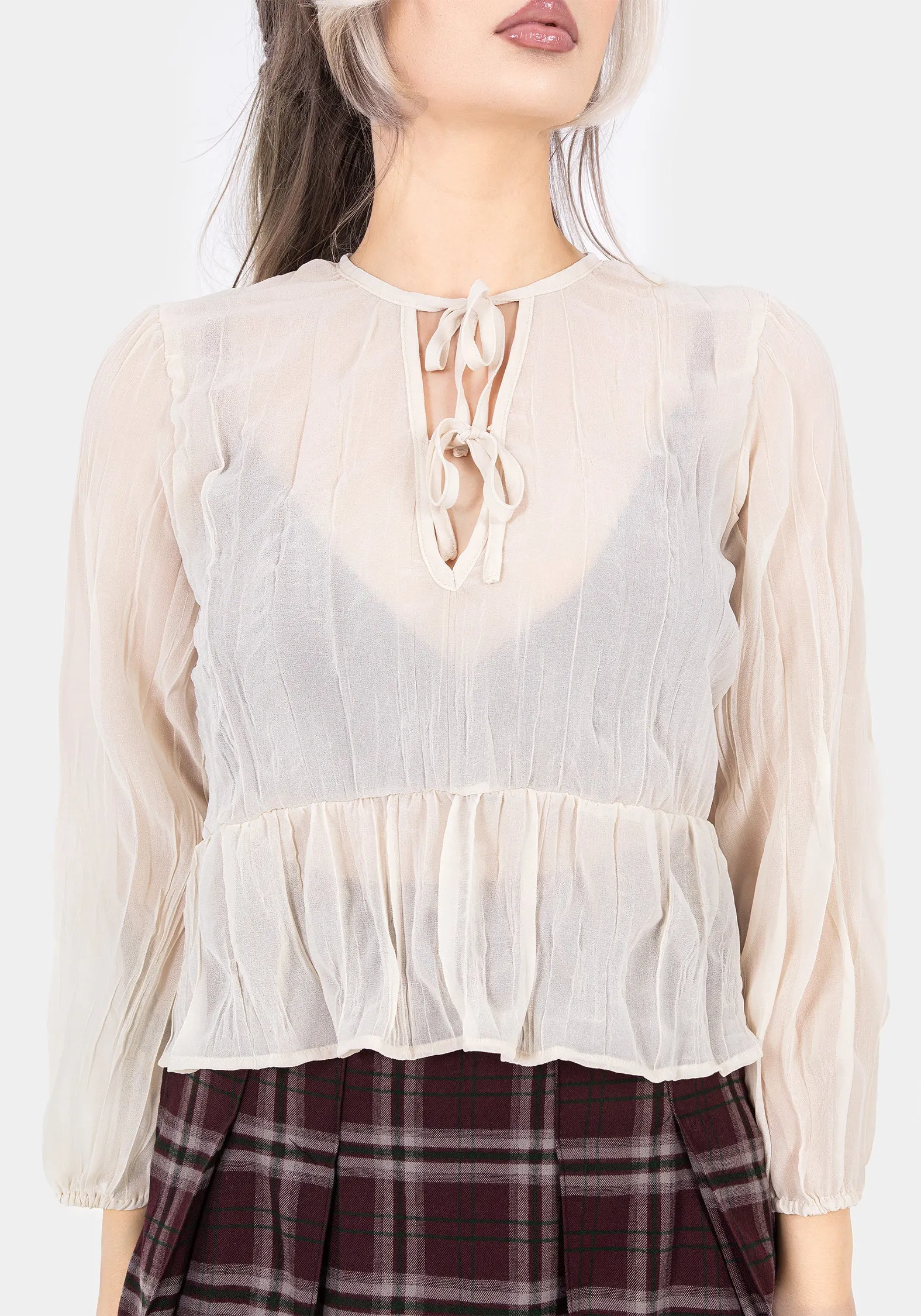 Villain Textured Tie Front Peplum Blouse - White Cosmetics