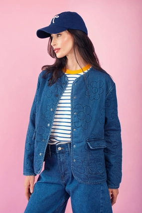 Bright Color Odor Control Finish Daisy Quilted Knit Collarless Puffer