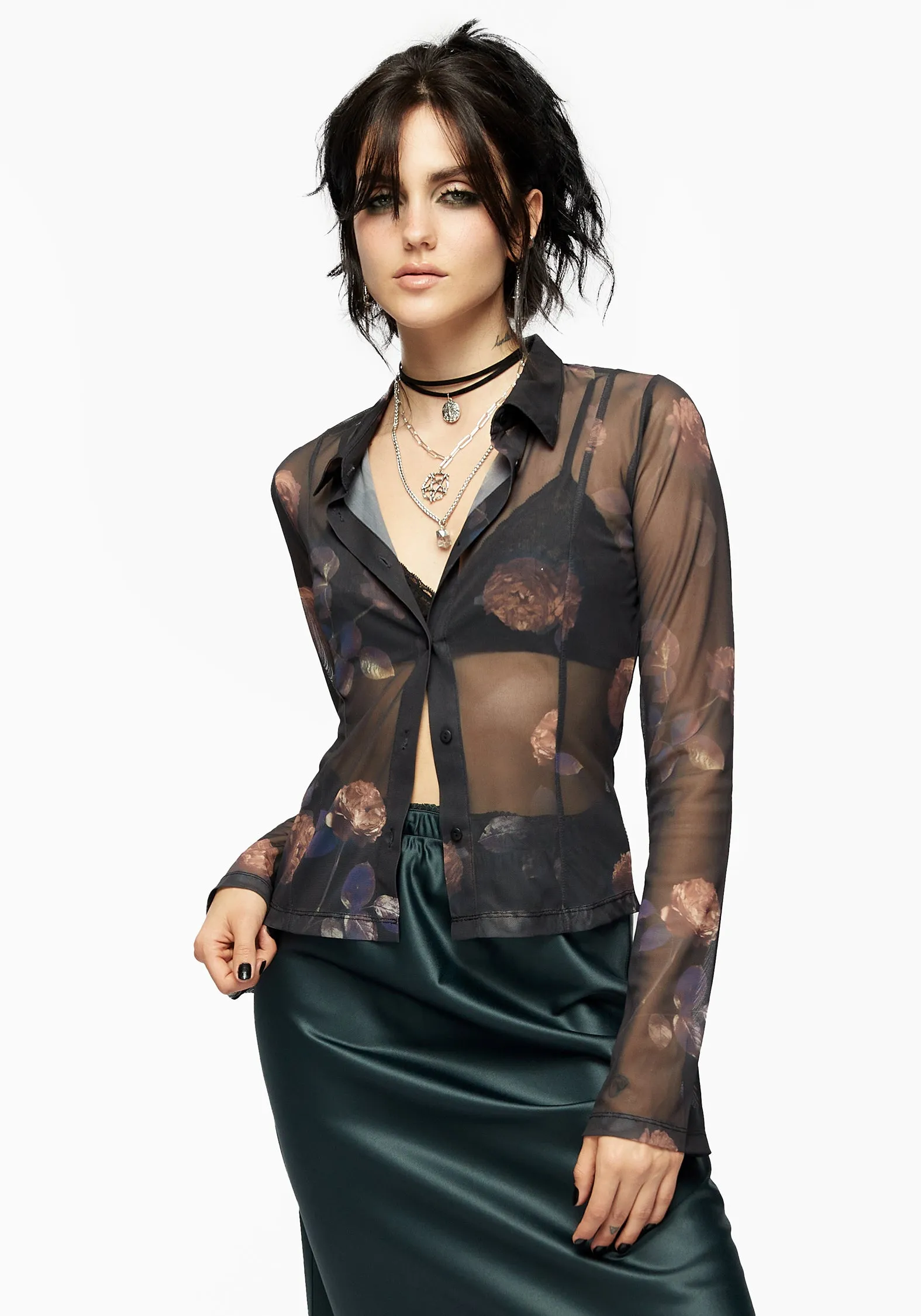 Monica Floral Mesh Fitted Shirt Structured Collar V-Neck