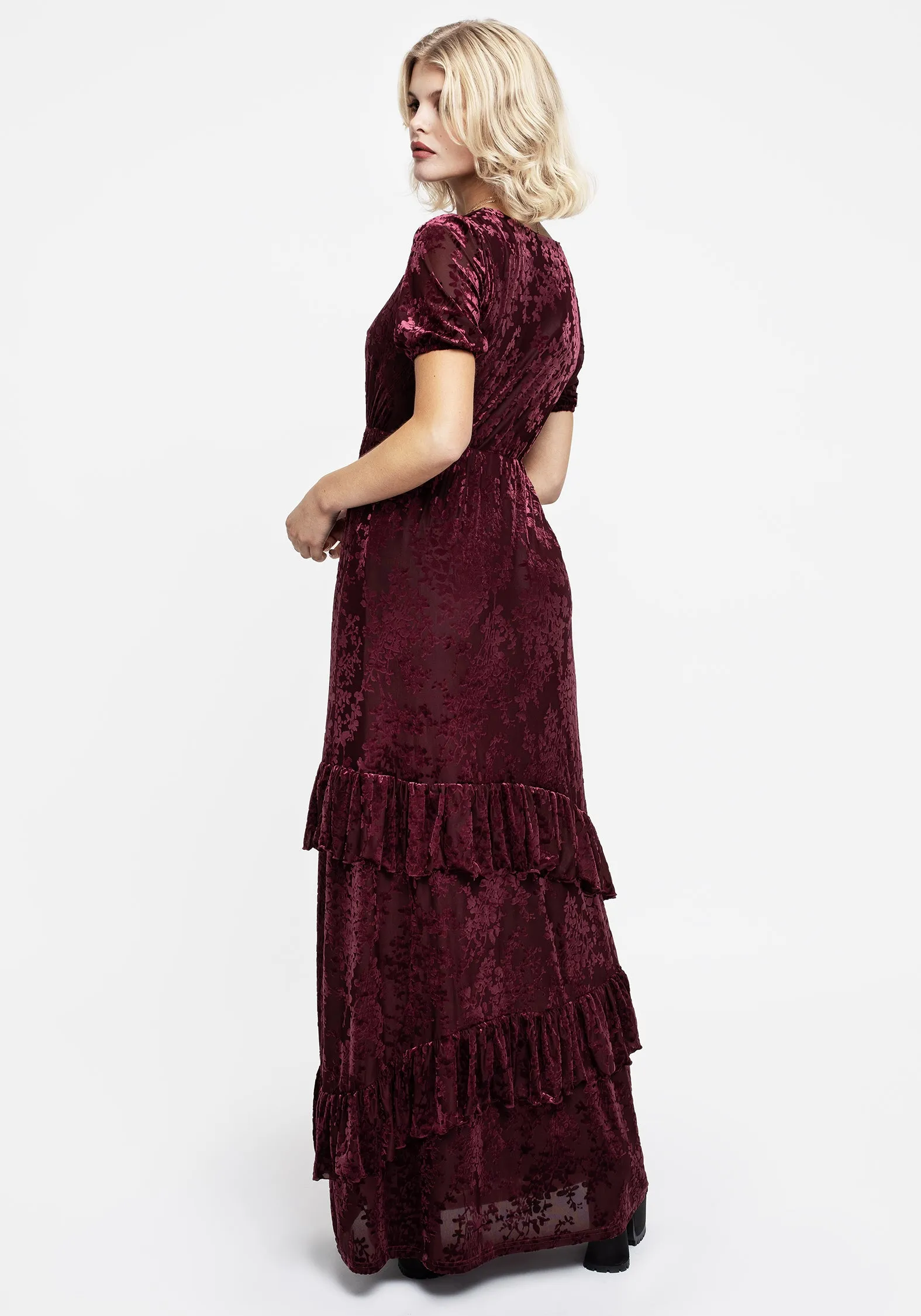 Semi Sheer Monotropa Floral Flocked Velour Frill Midaxi Dress
