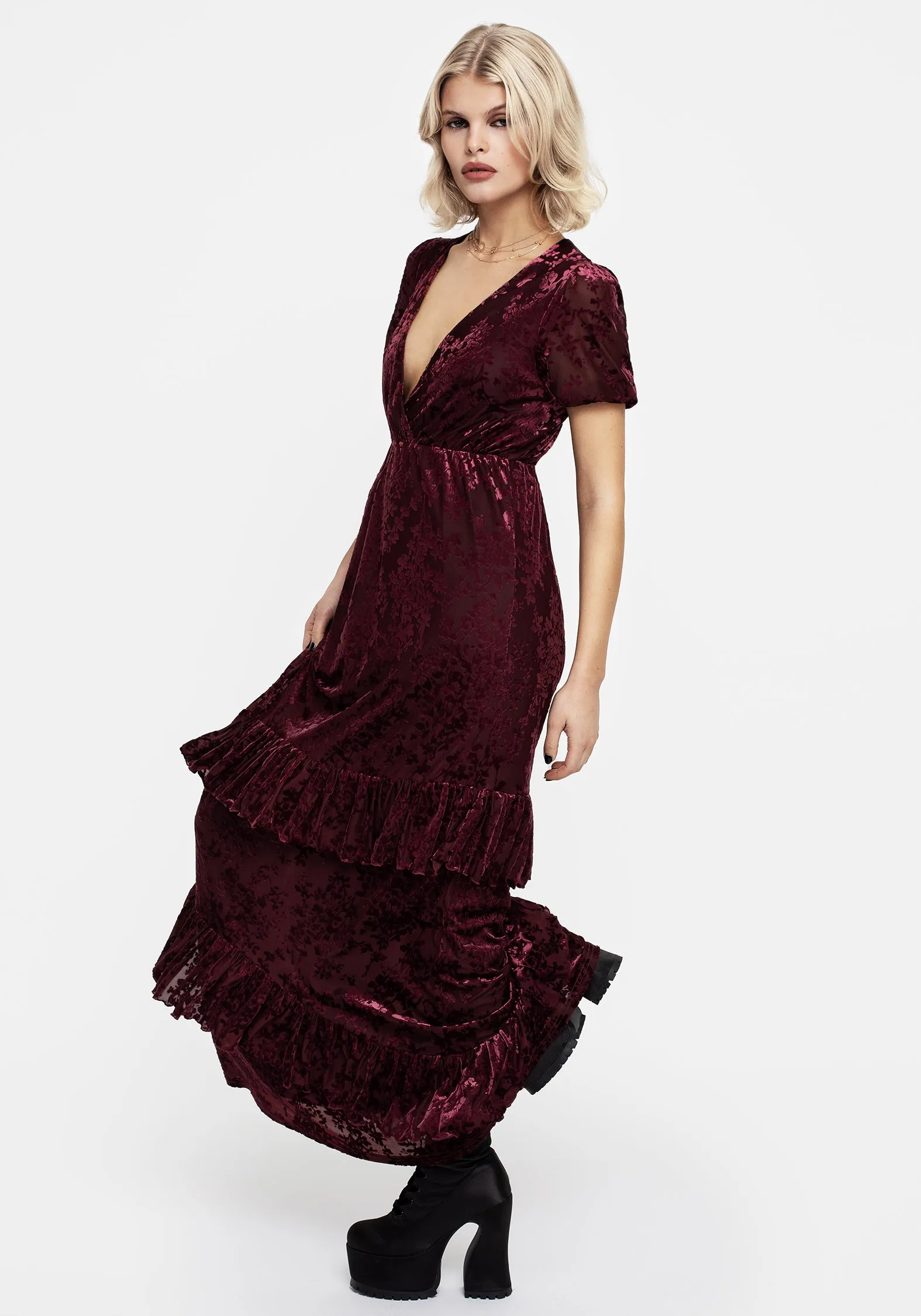 Elastic Fit Spring-Season Monotropa Floral Flocked Velour Frill Midaxi Dress