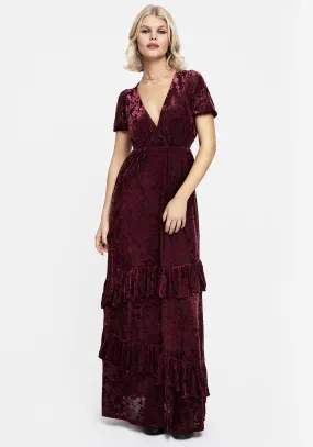 Relaxed and Effortless Sophisticated Fit Monotropa Floral Flocked Velour Frill Midaxi Dress