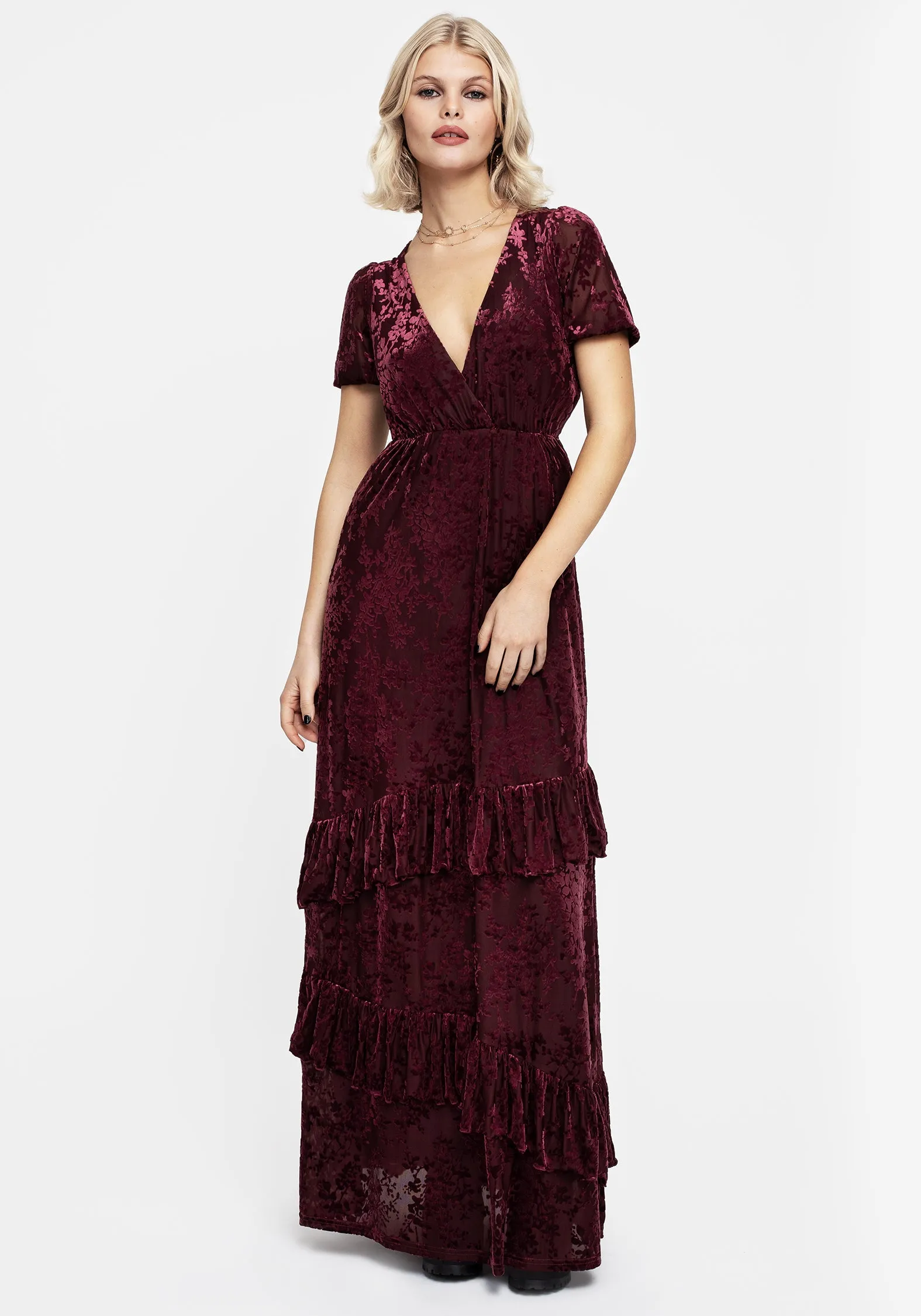 Relaxed and Effortless Sophisticated Fit Monotropa Floral Flocked Velour Frill Midaxi Dress
