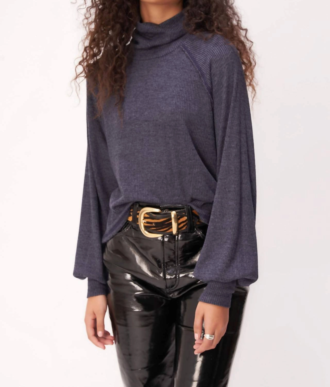More Love Marled Rib Turtleneck Top In Galaxy Blue Warm Winter Wear Layered Knit Style