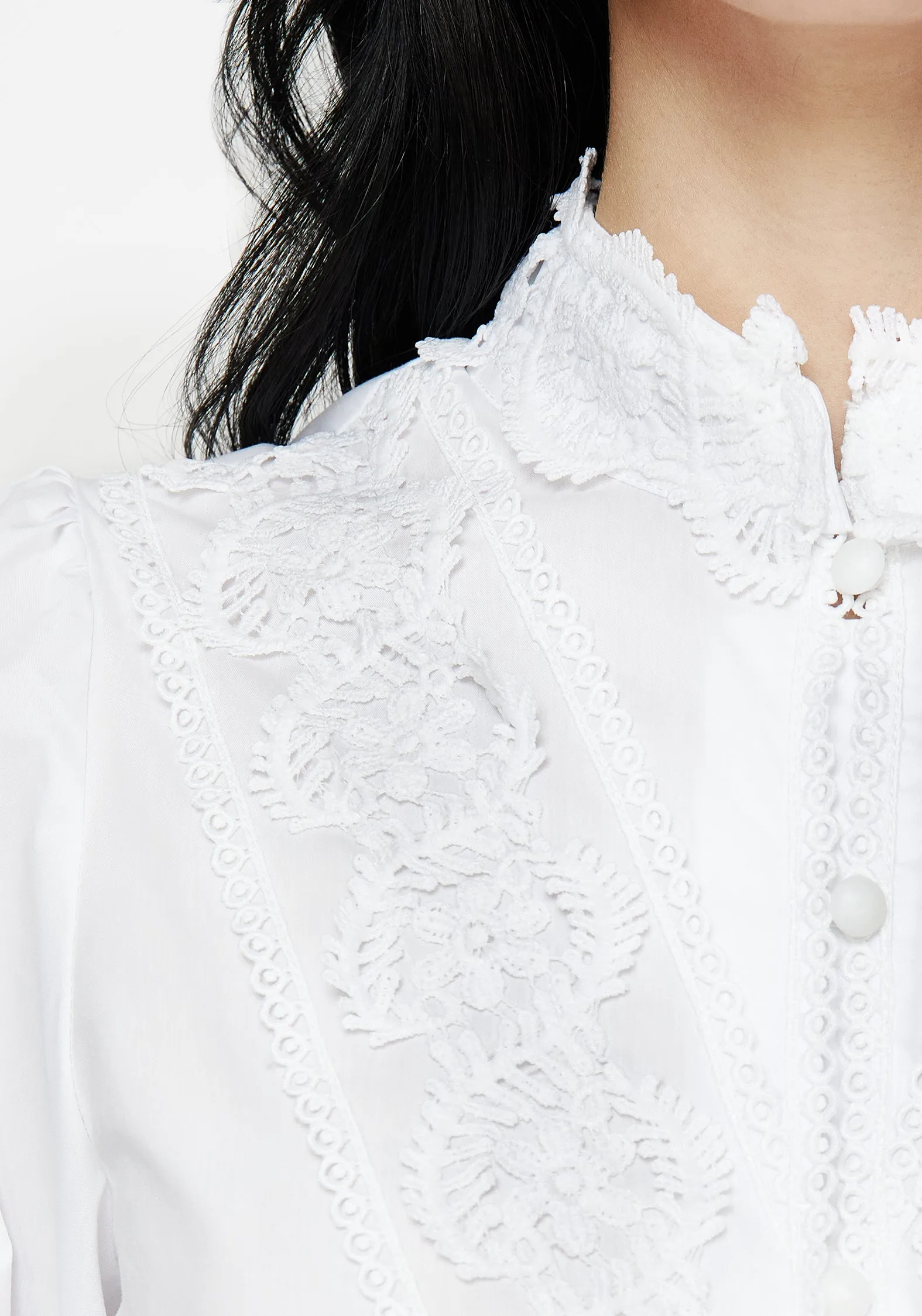 Rice Durable Hem Finishing Morgaine Lace Detail Button Up Shirt - White