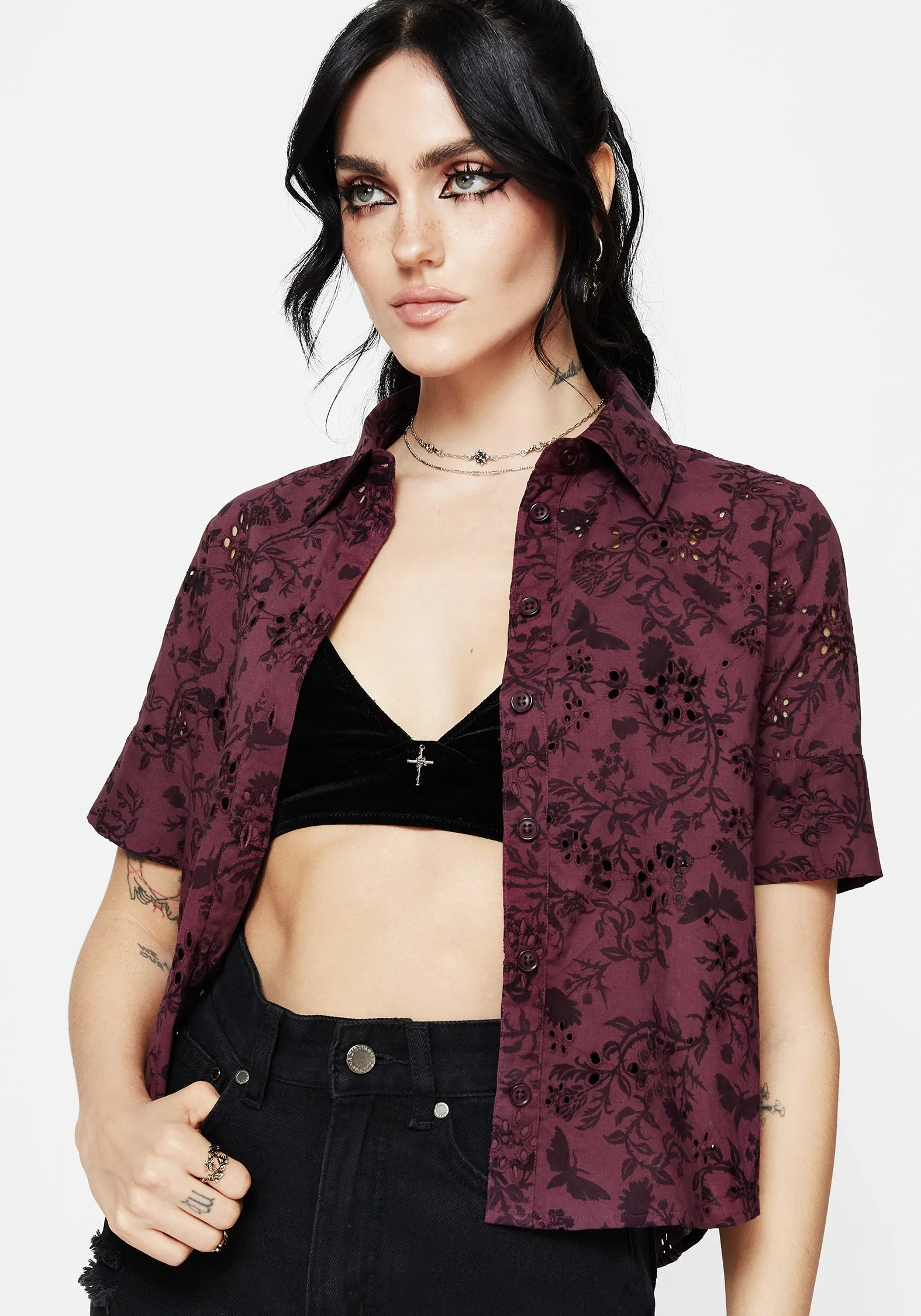 Morgana Cotton Broderie Button Up Shirt Monochrome Palette