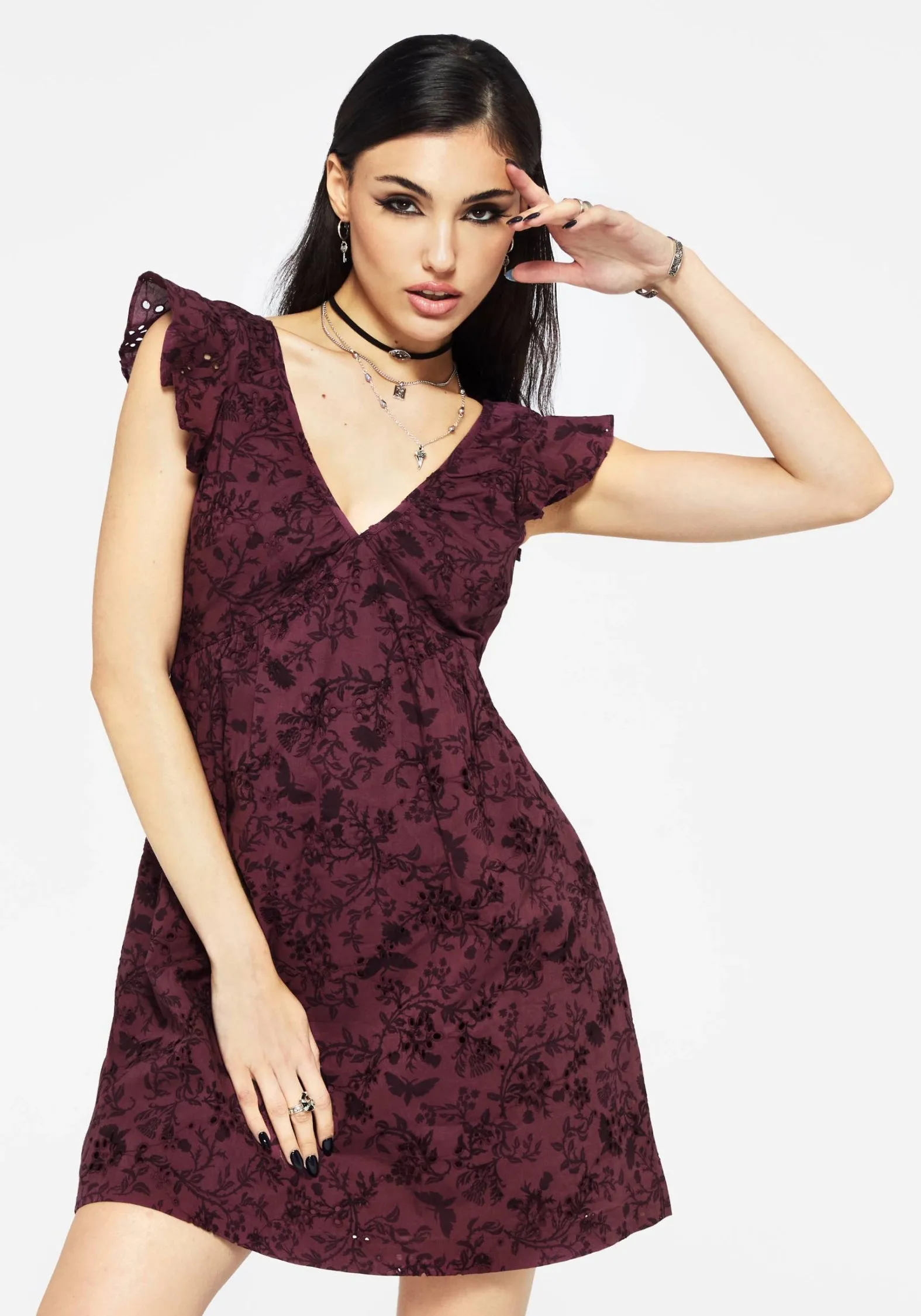Office Tone Floral Swing Morgana Cotton Broderie Frill Sleeve Mini Dress