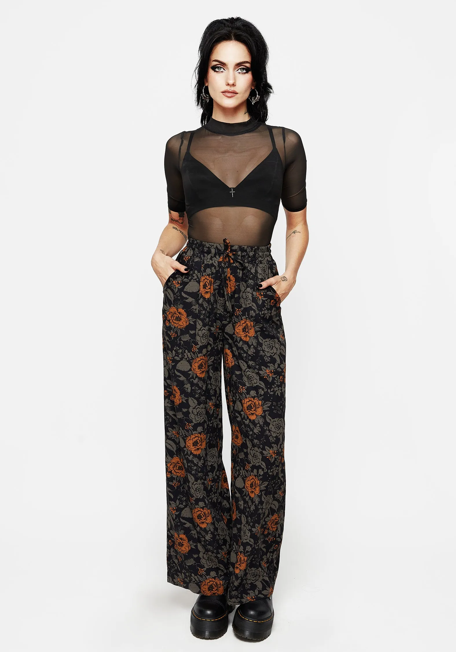 Mortify Floral Print Wide Leg Trousers Flat waistband Zero Waste Manufacturing