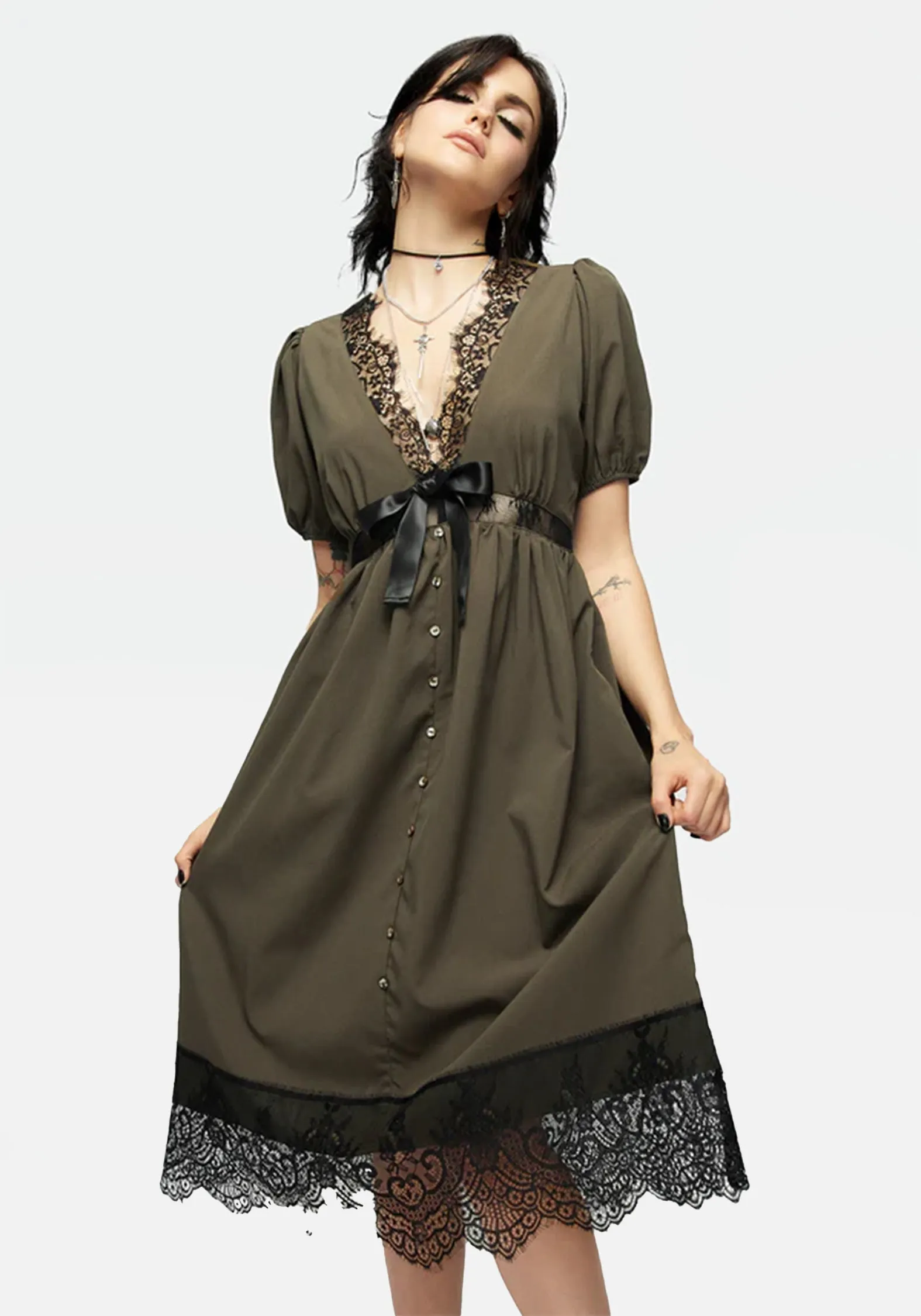 Mortuary Lace Button Up Midi Dress in Tea Leaf Wrap Glow Flexible Cut