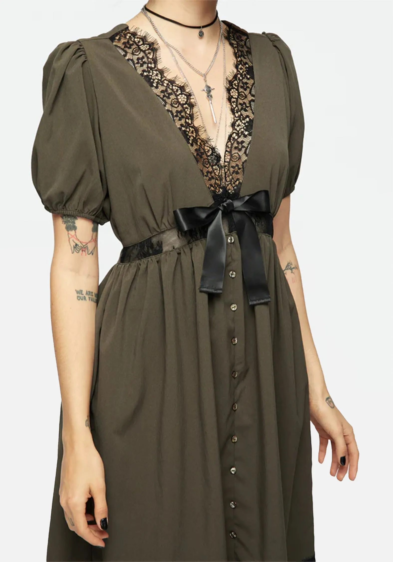 Mortuary Lace Button Up Midi Dress in Tea Leaf Effortless Layer Wear Street Vibe