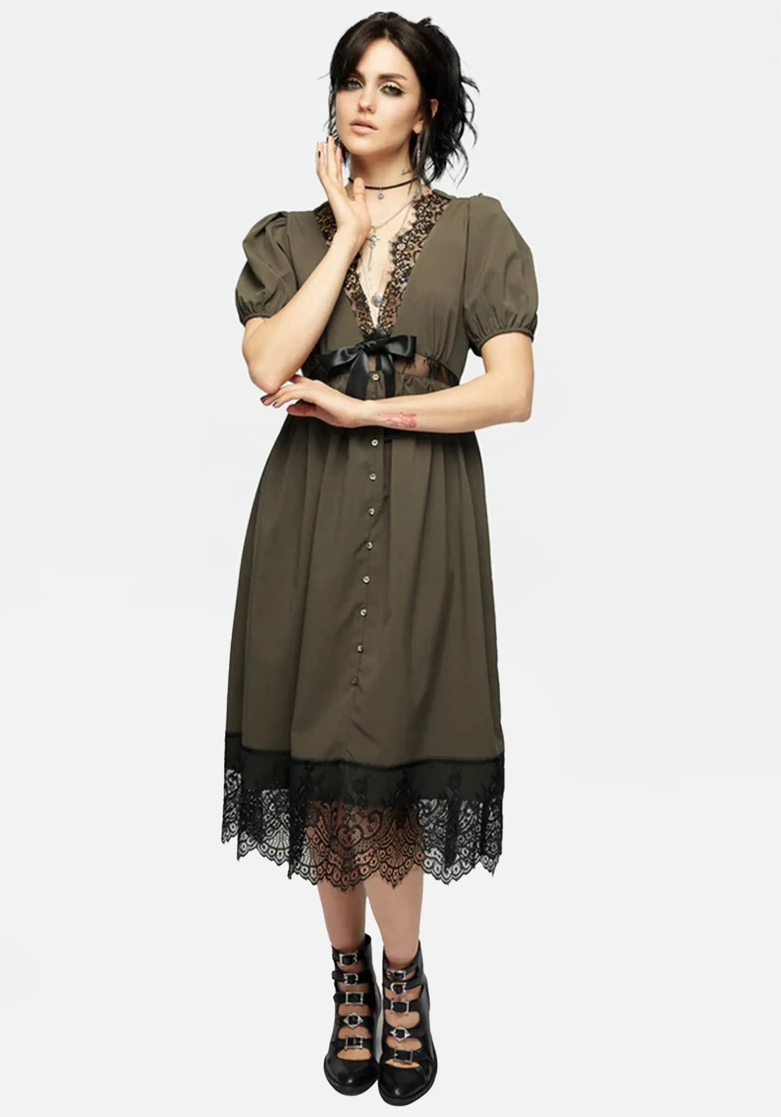 Shore Time Mortuary Lace Button Up Midi Dress in Tea Leaf