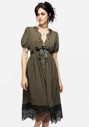 Linen Chic Soft Flow Mortuary Lace Button Up Midi Dress in Tea Leaf