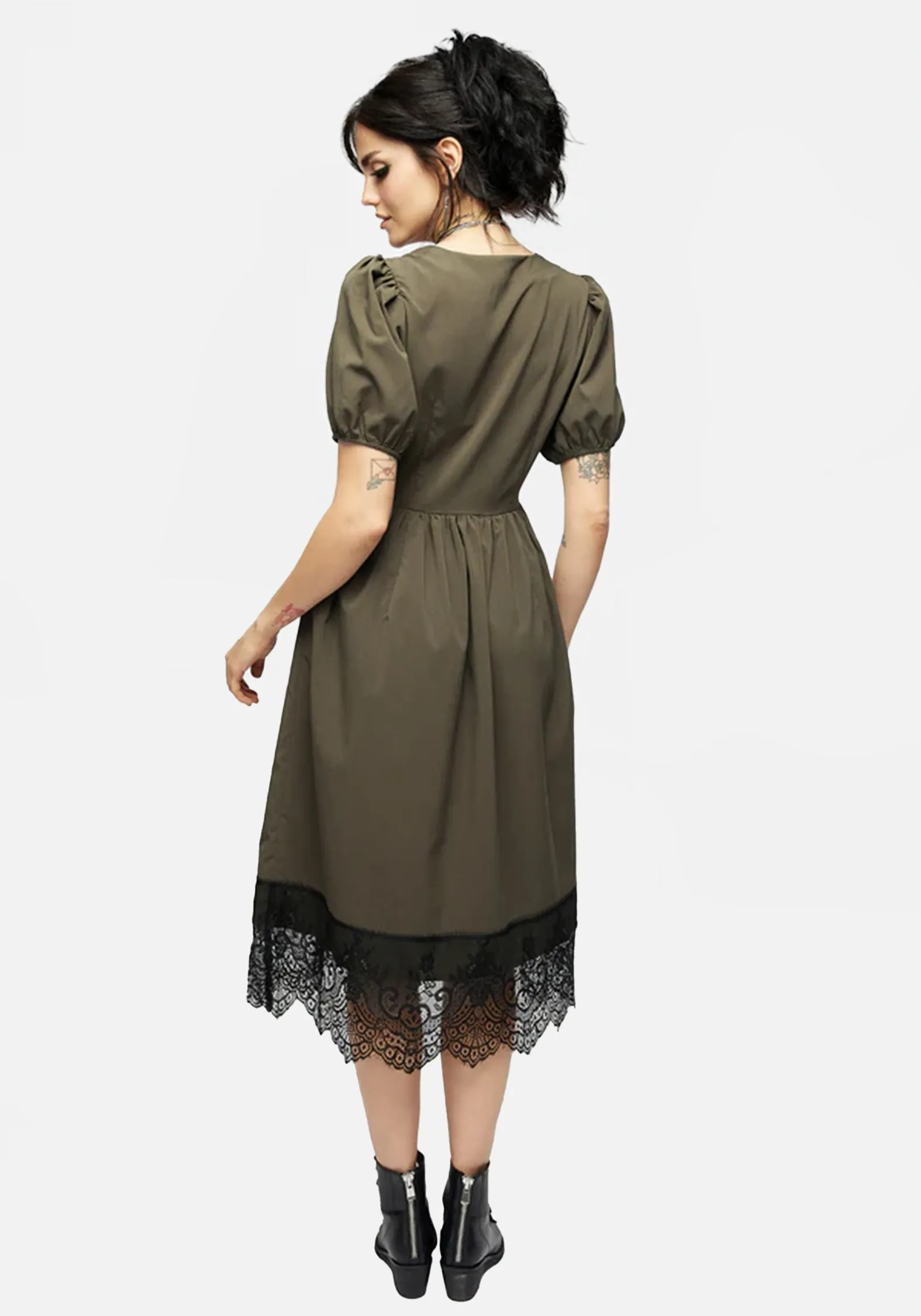 Mortuary Lace Button Up Midi Dress in Tea Leaf Chic and Simple Cool Fabric