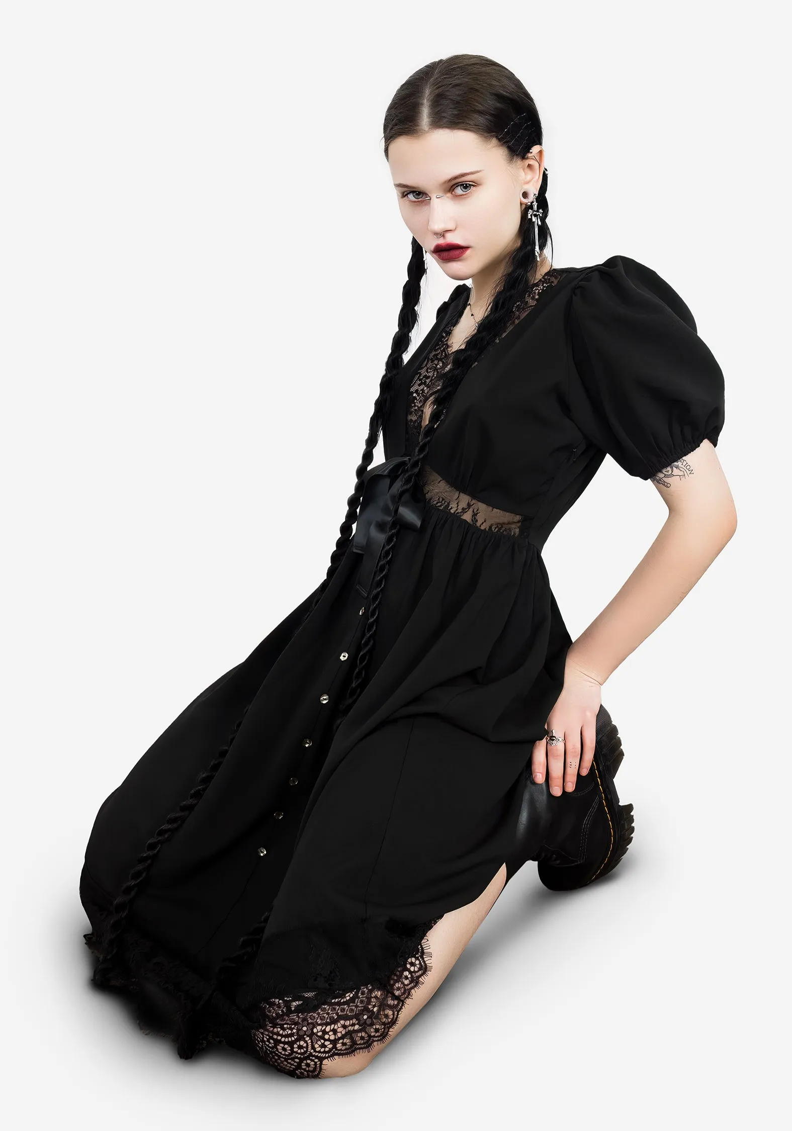 Grace Color Mortuary Lace Button Up Midi Dress