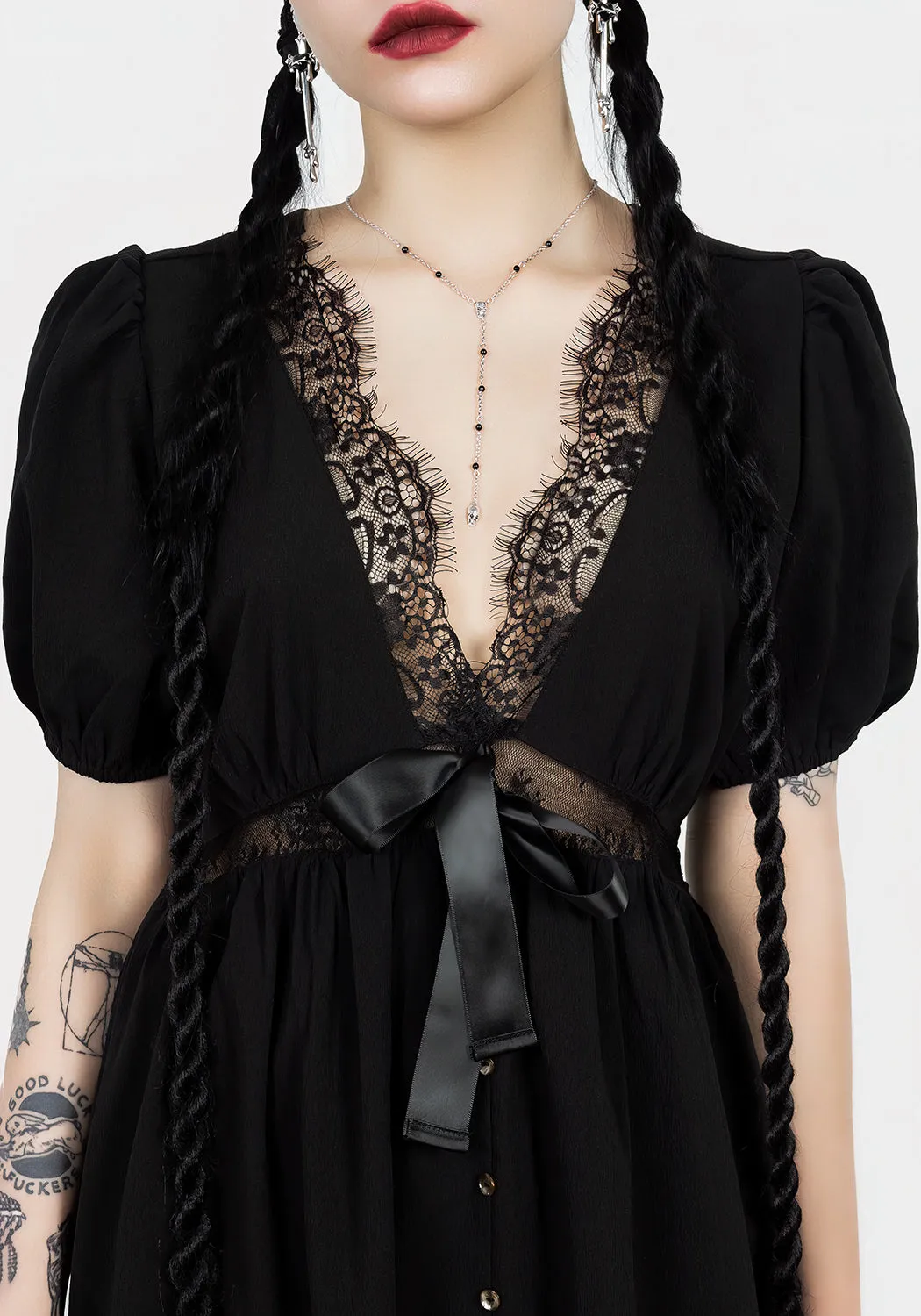 Mortuary Lace Button Up Midi Dress Comfort Stretch City-Style
