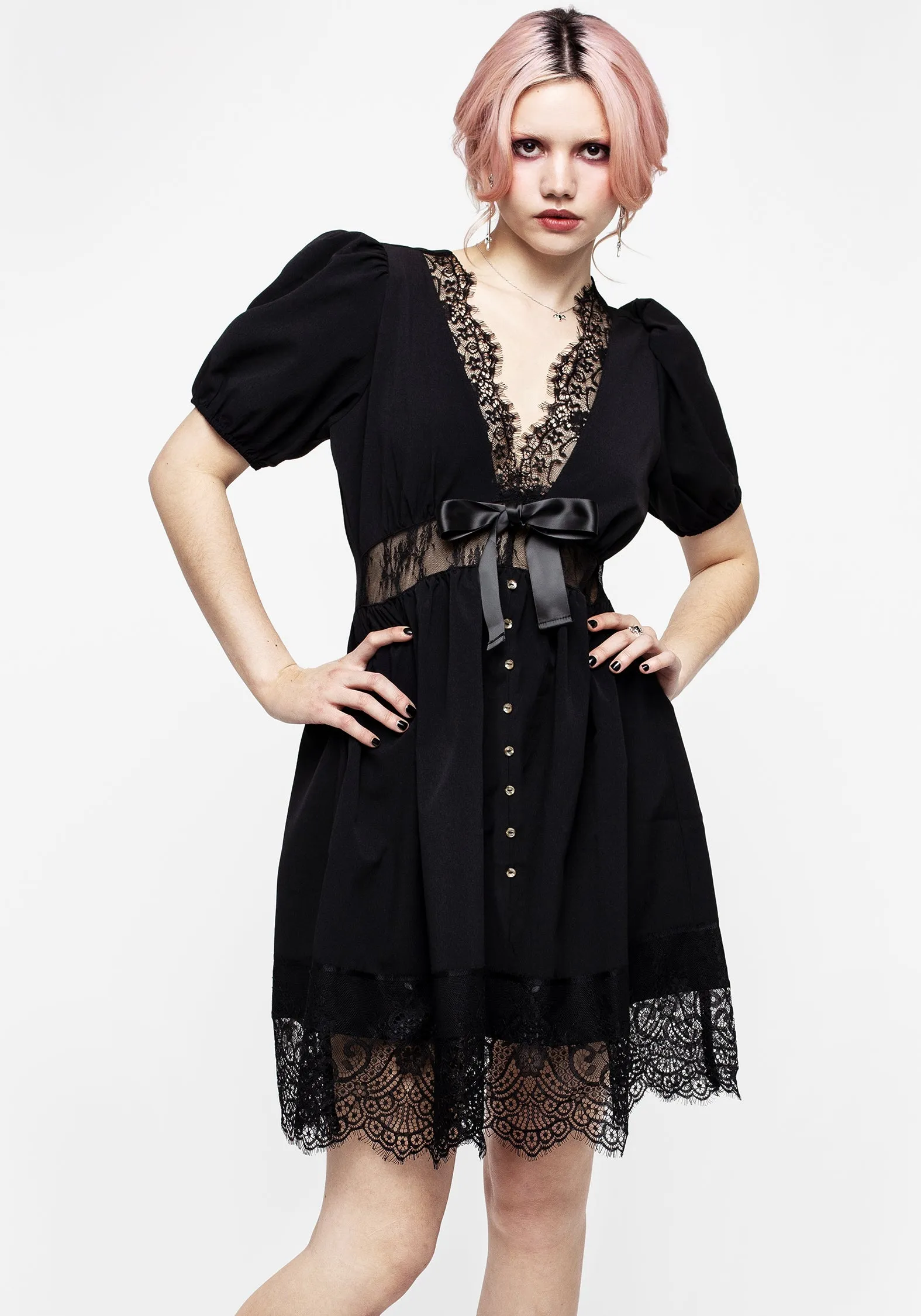 Winter Classic Fitted Look Mortuary Lace Button Up Mini Dress