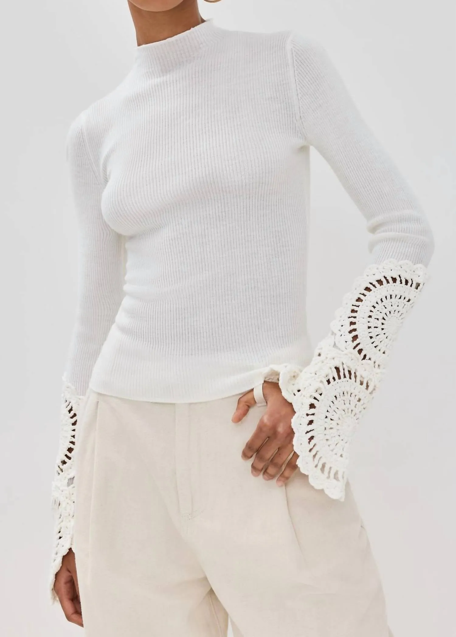 Chilly Look Cable Stitch Mosaic Crochet Detail Knit Top In Ivory