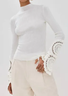 Chilly Look Cable Stitch Mosaic Crochet Detail Knit Top In Ivory