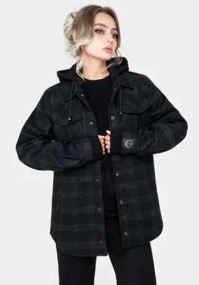 Trellis Hooded Pocket Wool Blend Check Shacket Detachable Hood Weatherproof Zipper Seals