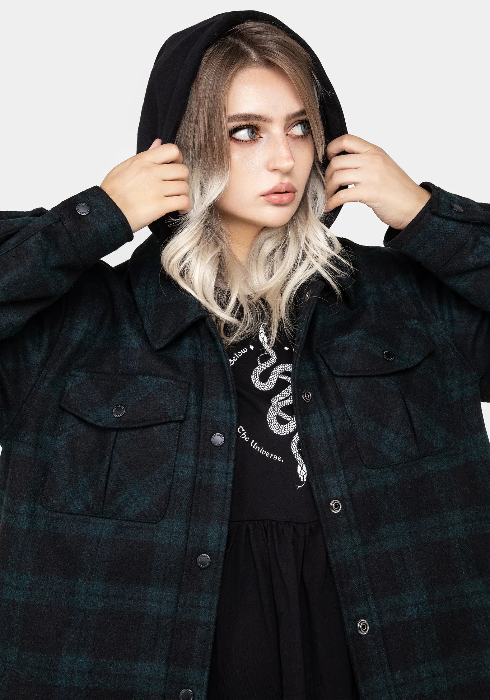 Trellis Hooded Pocket Wool Blend Check Shacket Ventilated Panels Adjustable Hem Cords