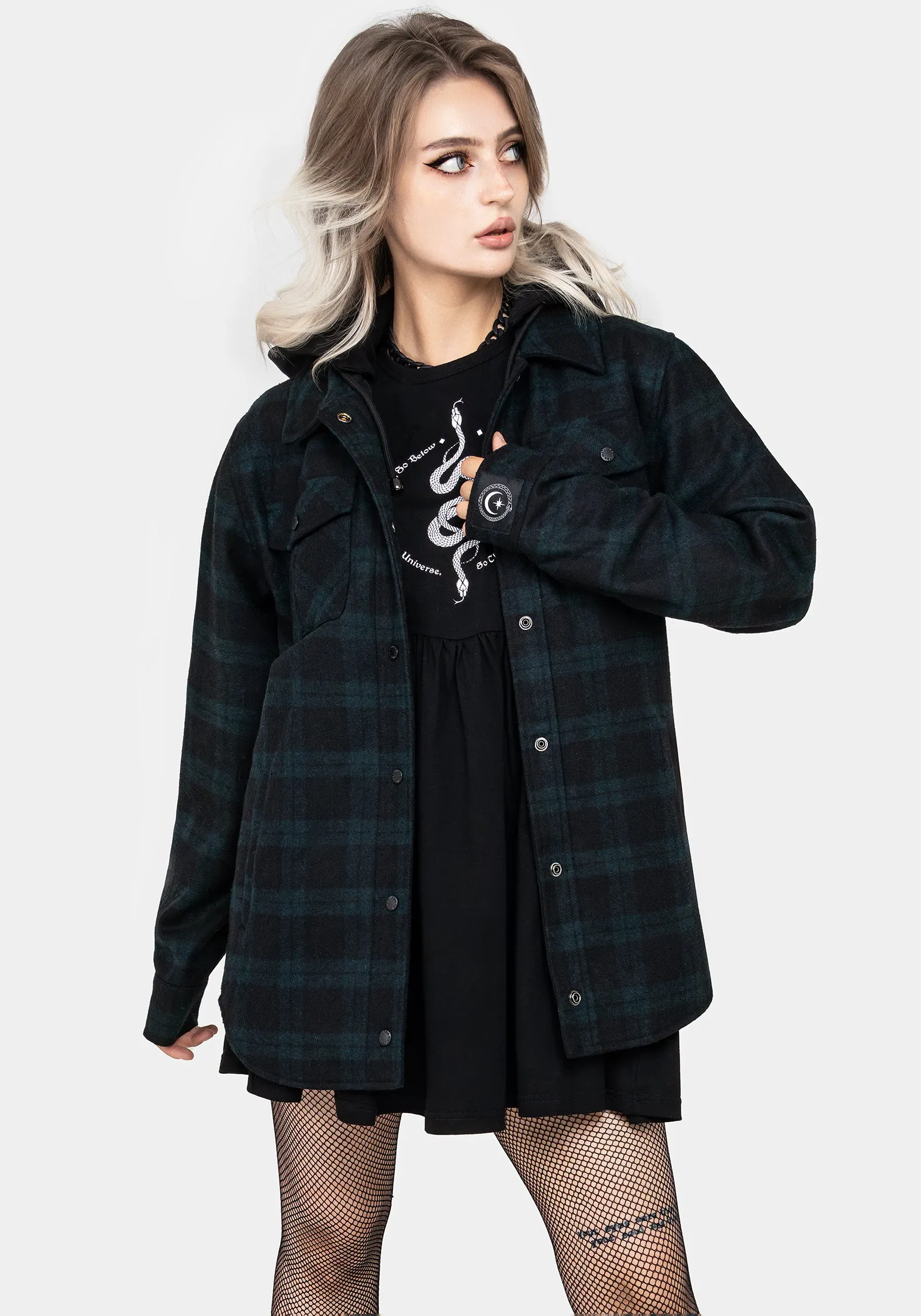 Trellis Hooded Pocket Wool Blend Check Shacket NonRestrictiveFit