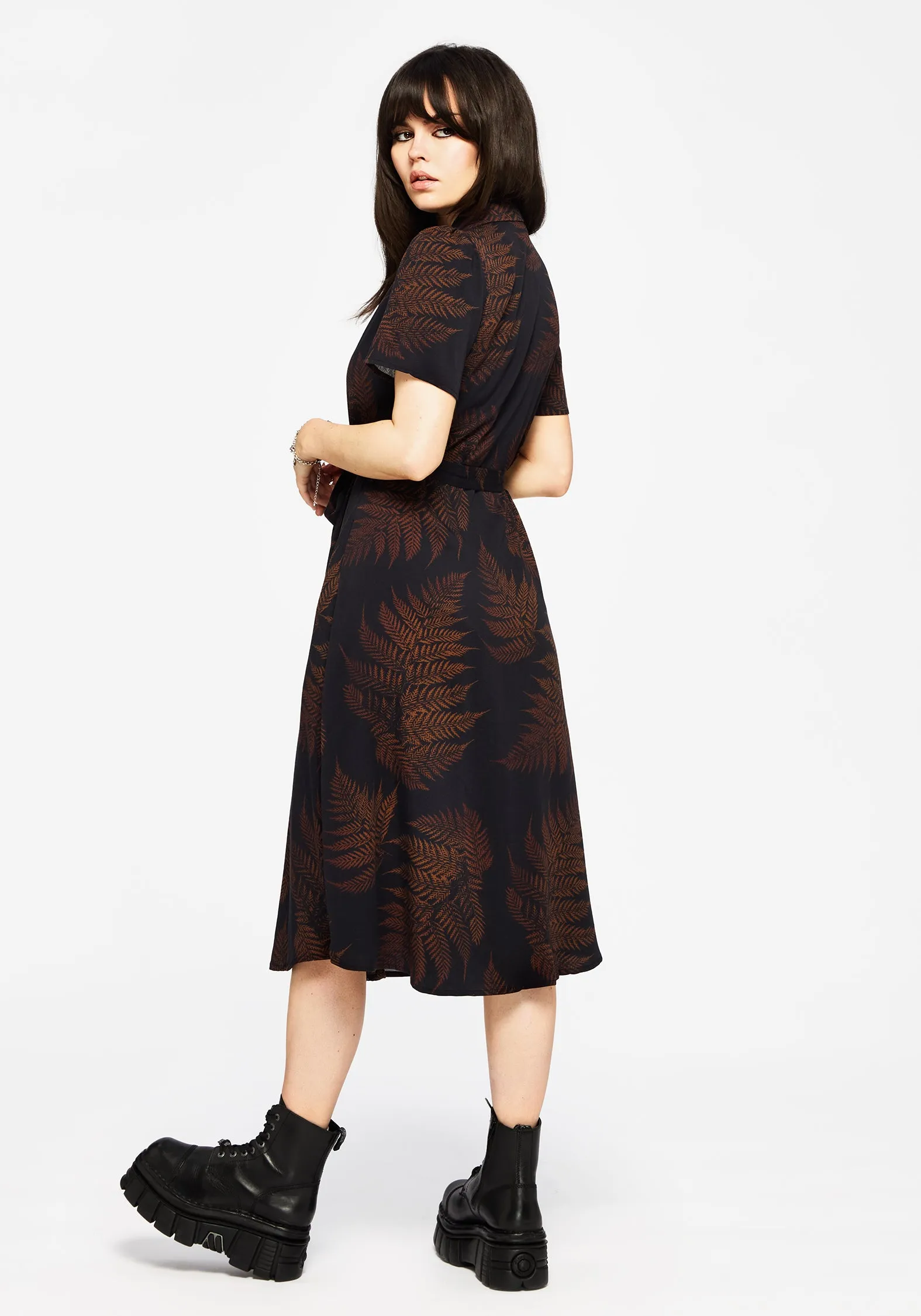 Retro Detail Ruin Fern Printed Midi Shirt Dress - Brown