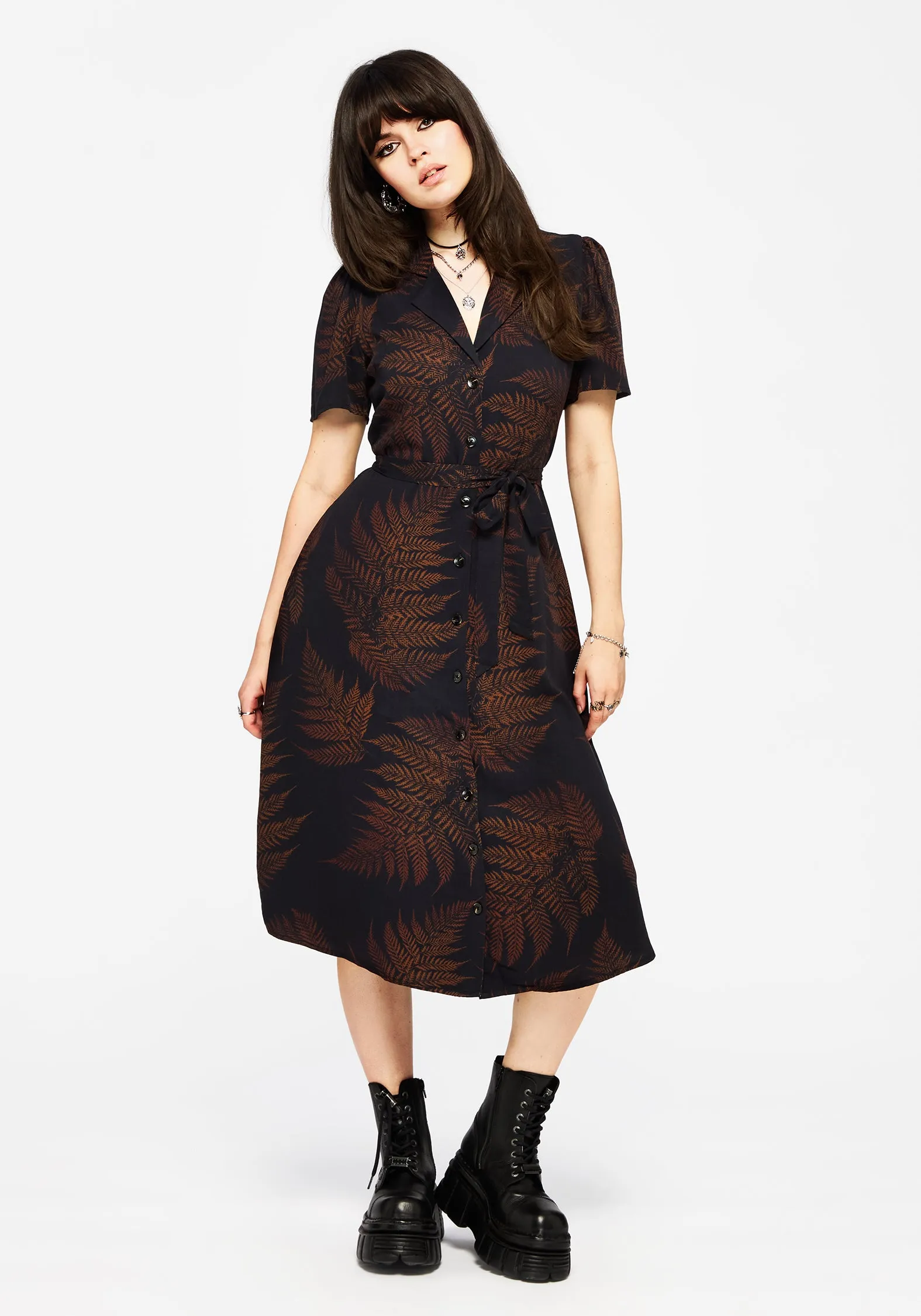 Ruin Fern Printed Midi Shirt Dress - Brown Front Ruffle Delicate Touch