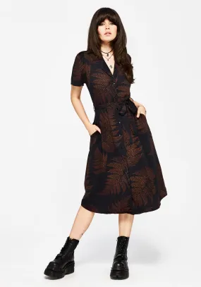 High-Low-Hem Ruin Fern Printed Midi Shirt Dress - Brown