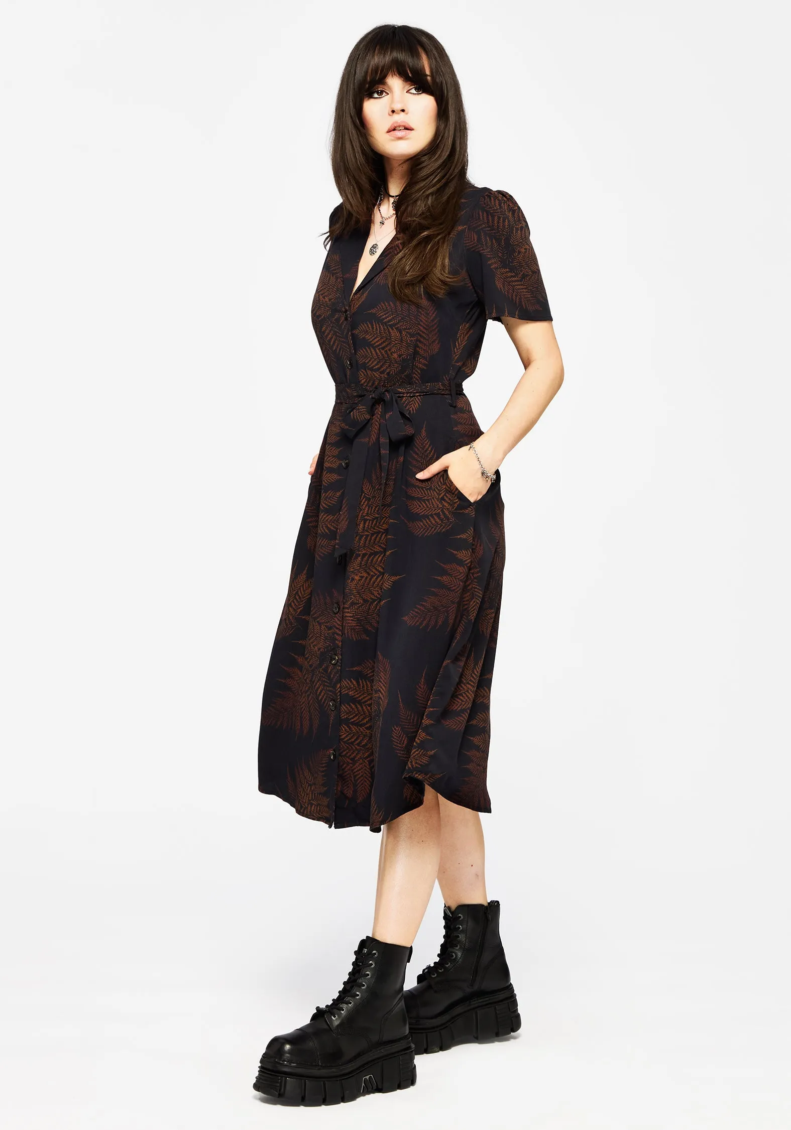 Casual Edge Soft Shine Ruin Fern Printed Midi Shirt Dress - Brown