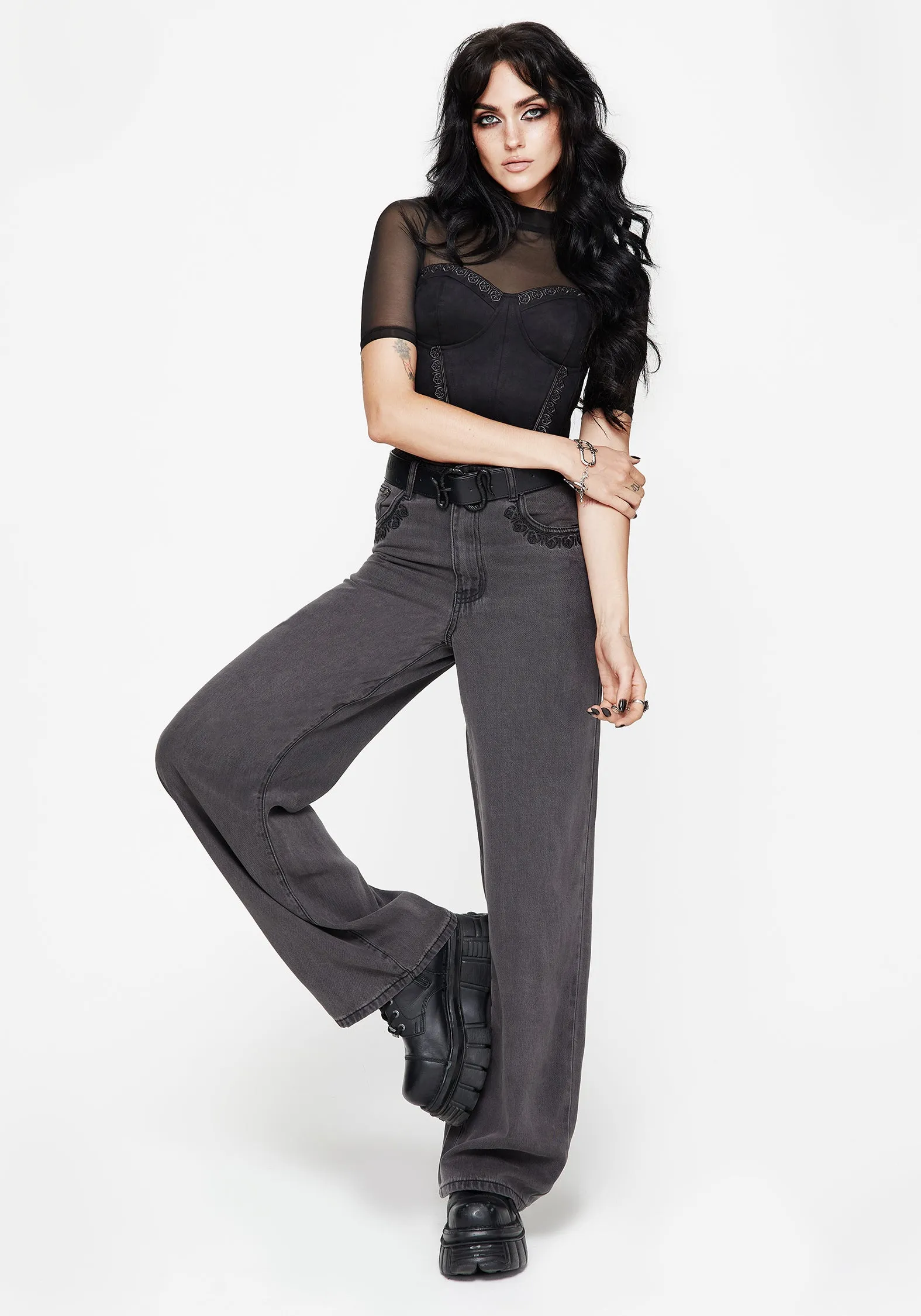 Nara Wide Leg Distressed Gothic Embroidery Jeans Flexible Comfort Wear Comfy Flex
