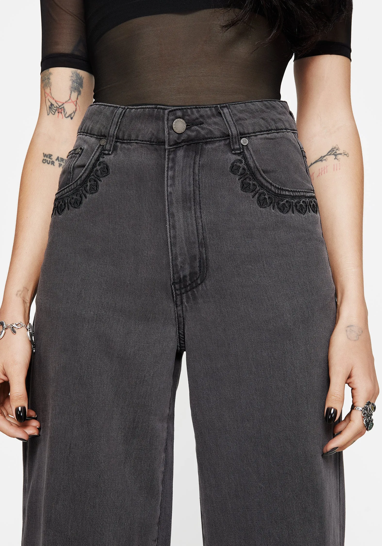 Nara Wide Leg Distressed Gothic Embroidery Jeans Quality Fabric Lightweight Weave